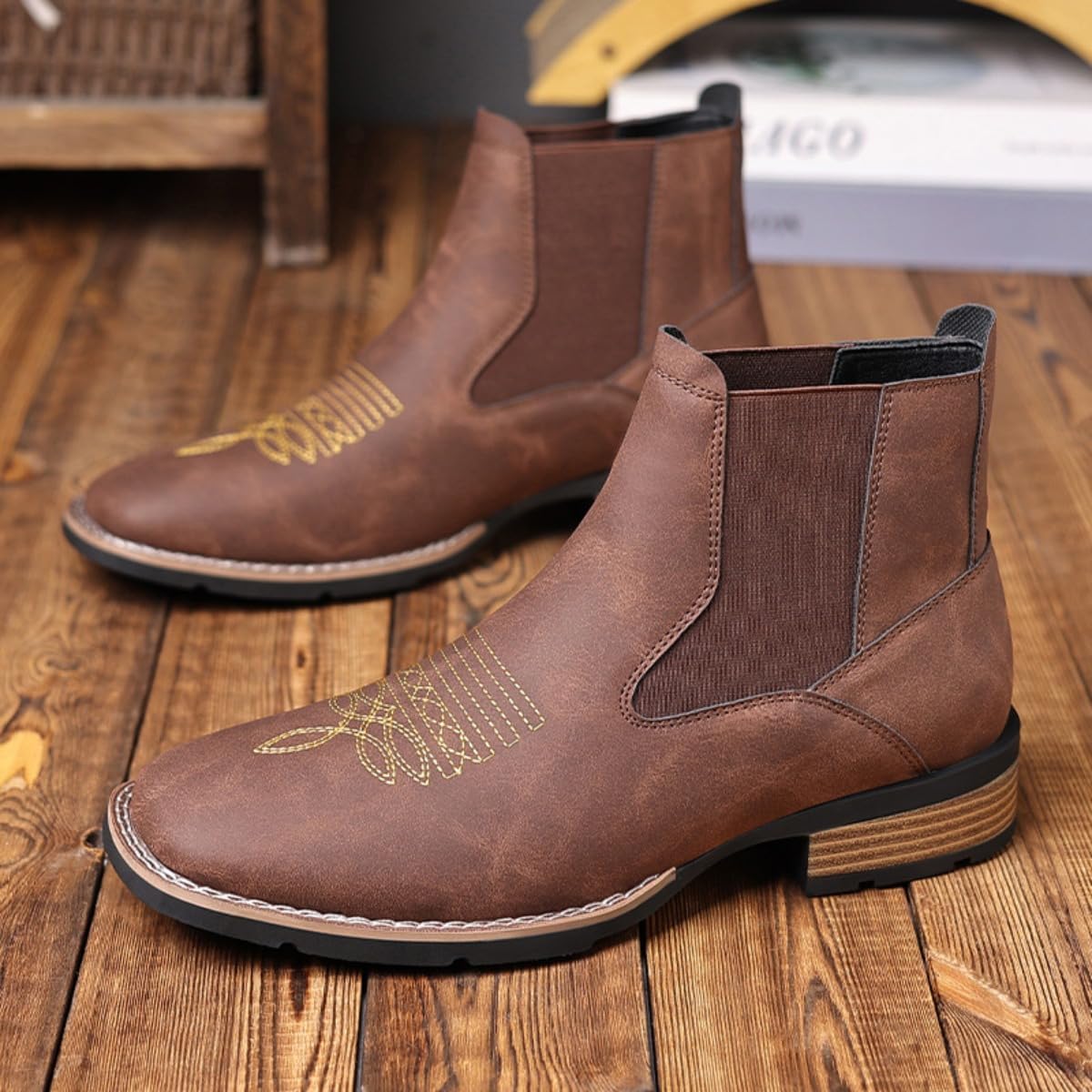 Men's Western Cowboy Chelsea Boots, Classic Square Toe Cowboy Casual Work Ankle Boots,Slip On Casual Retro Stylish Boots - Image 3