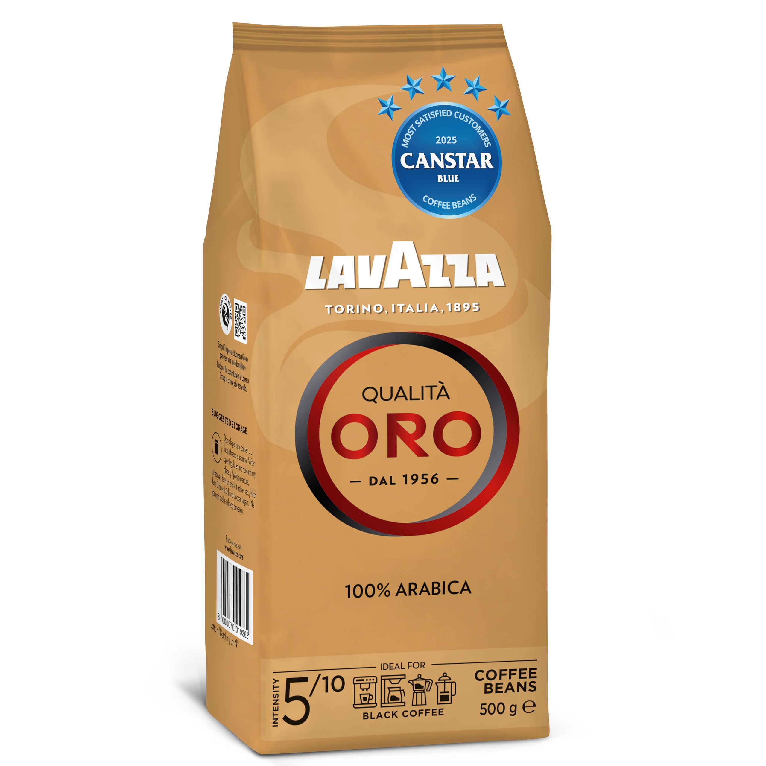 Lavazza, Qualità Oro, 500g, Coffee Beans, Ideal for Bean to Cup Machine and a Filter Coffee...