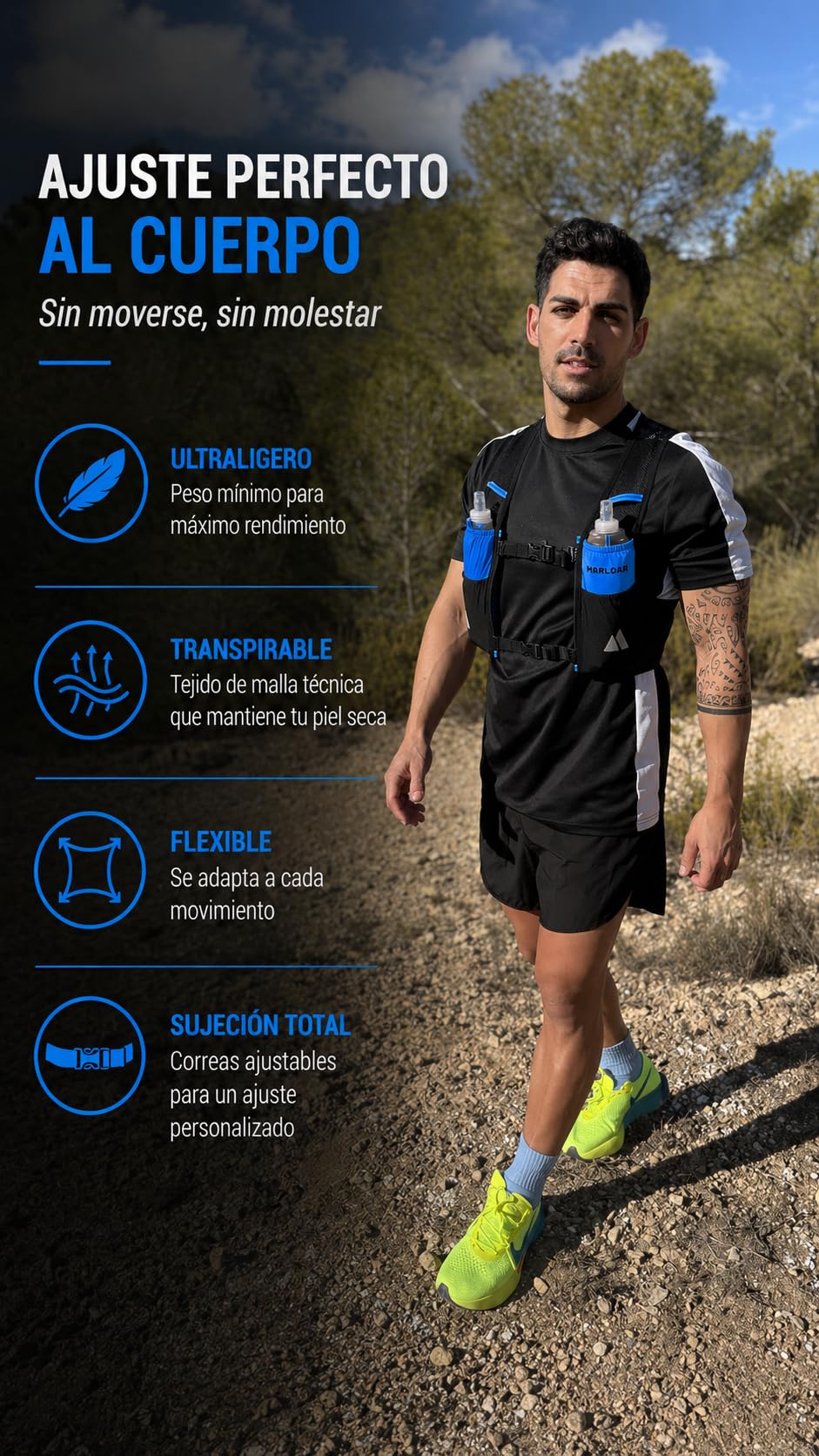 Chaleco Running para Trail Running con 2 Soft Flask 500 ml – Ajuste cómodo, Ligero y Transpirable