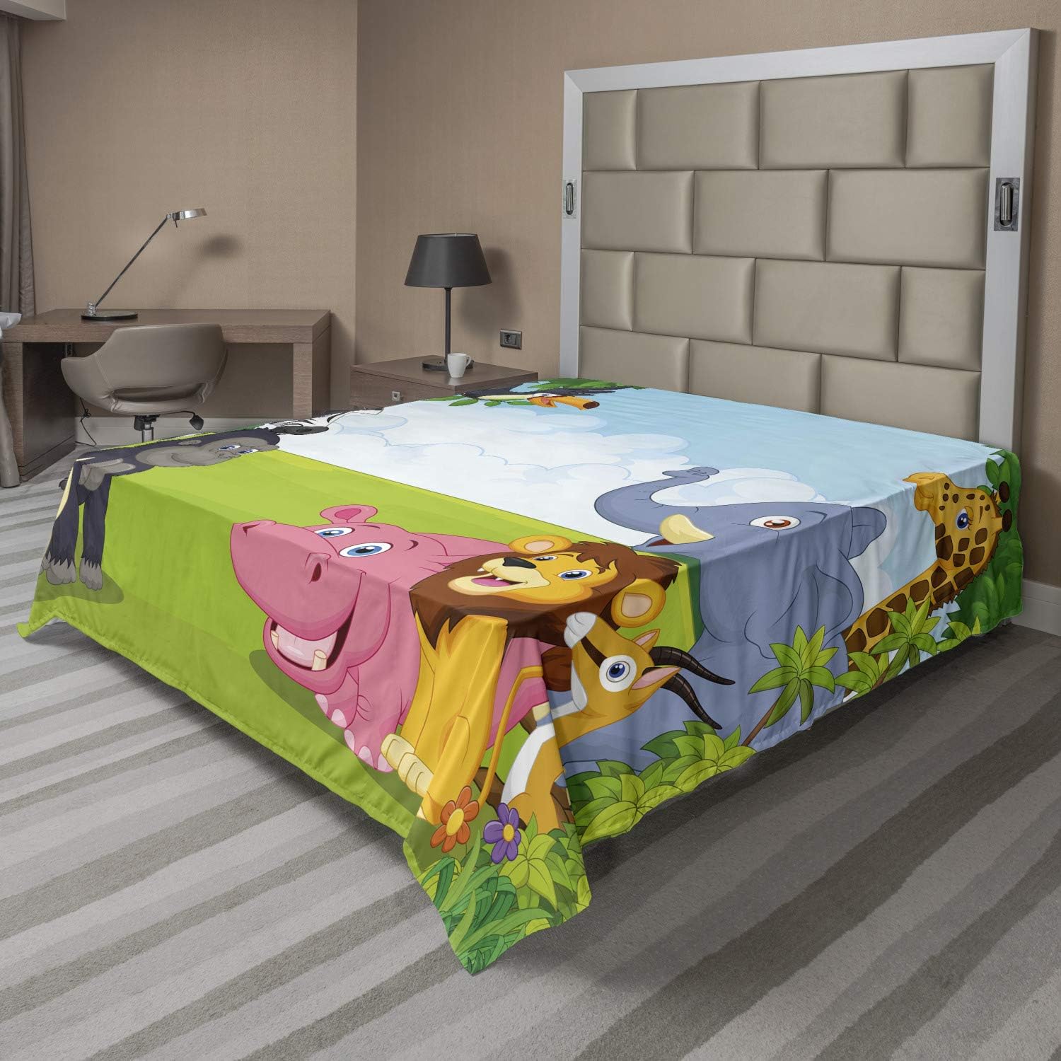 Ambesonne Animal Flat Sheet, Colorful Design Savannah Themed Cartoon Animals Image Art Forest Woodland Print, Soft Comfortable Top Sheet Decorative Bedding 1 Piece, Full Size, Multicolor