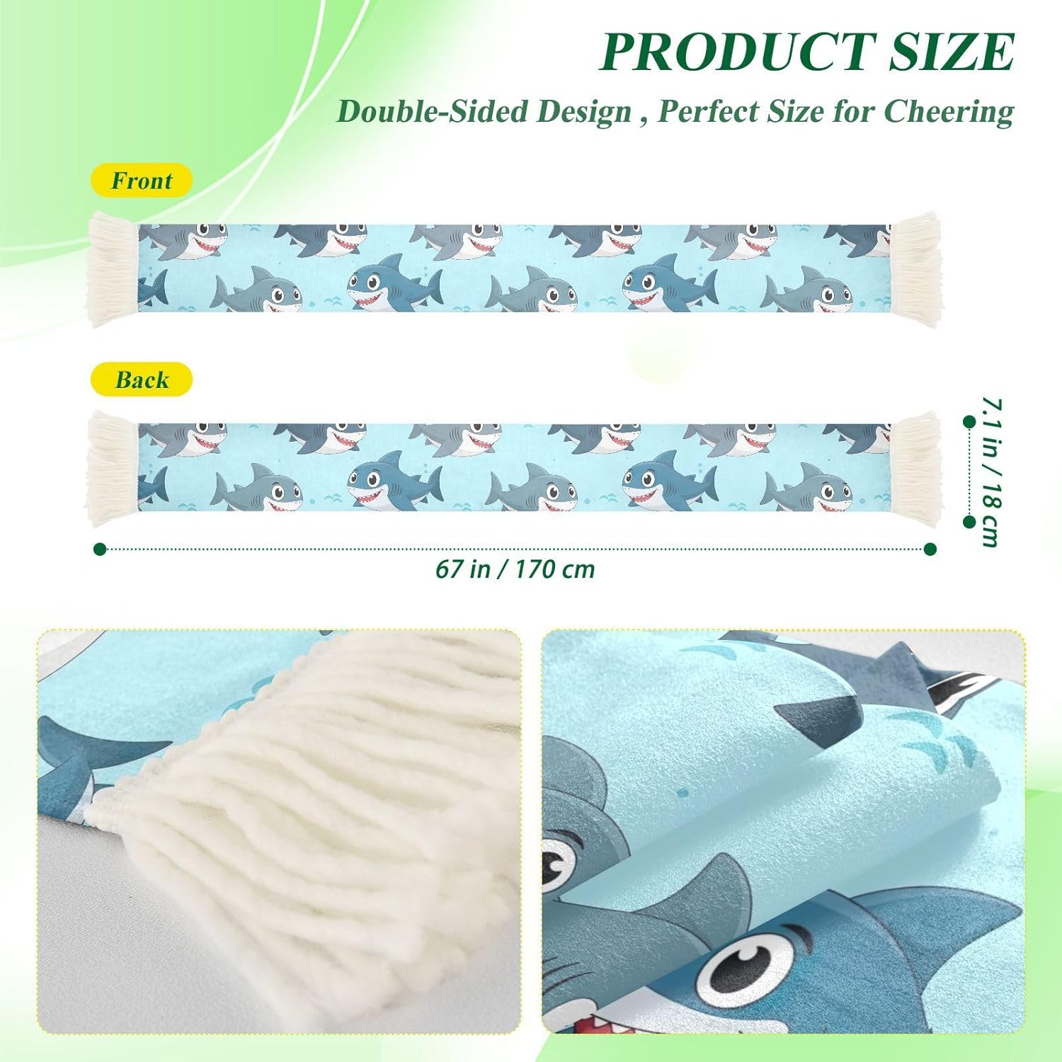 CHIFIGNO Cartoon Sharks Blue Sports Fan Scarf with Fringe Ends, Soft Polyester Sweat Towel for Soccer Game Cheering