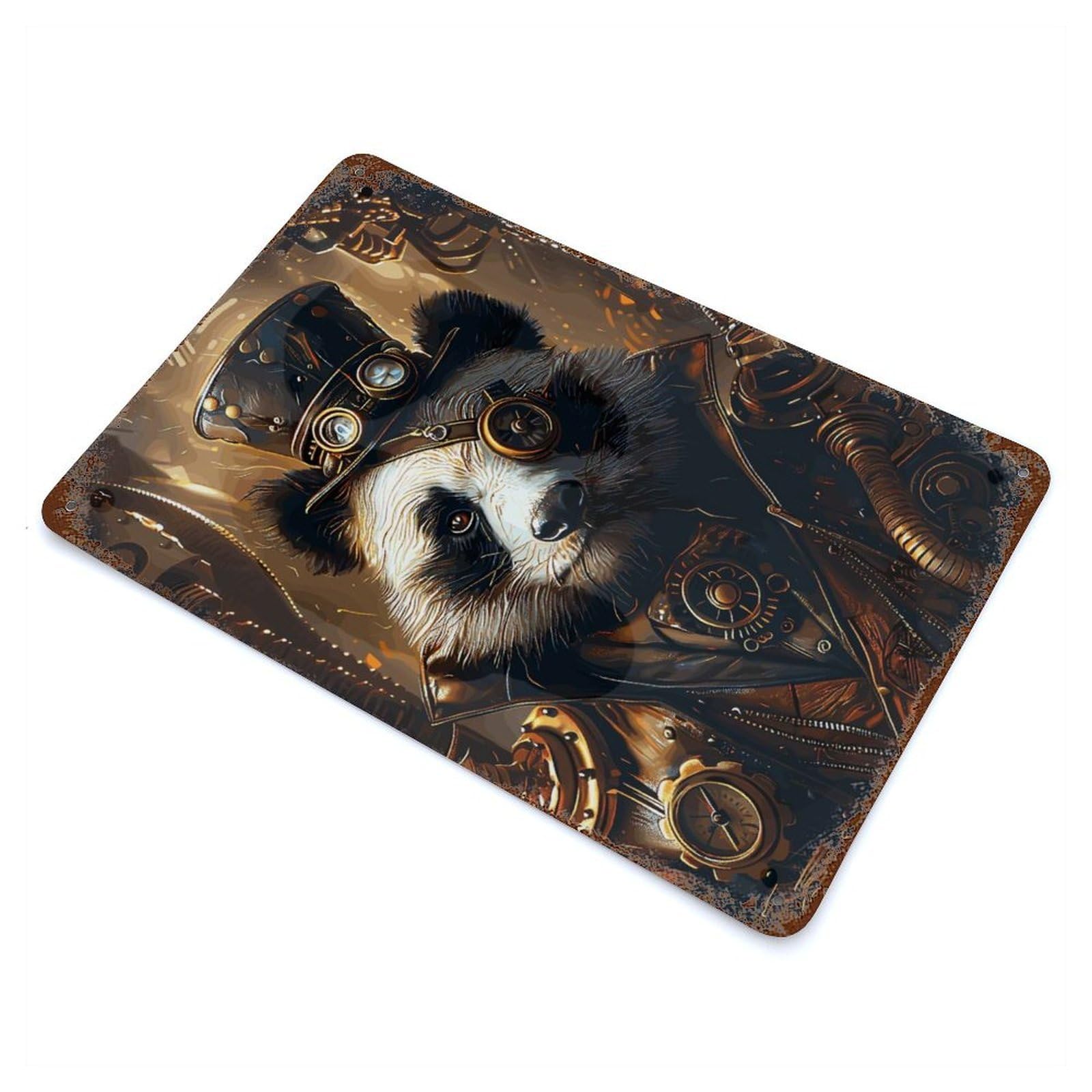 Rusty Metal Tin Sign Animal Steampunk Panda 11.8"x7.9", Industrial Home Decor for Patio, Garden Room And Bar Decor