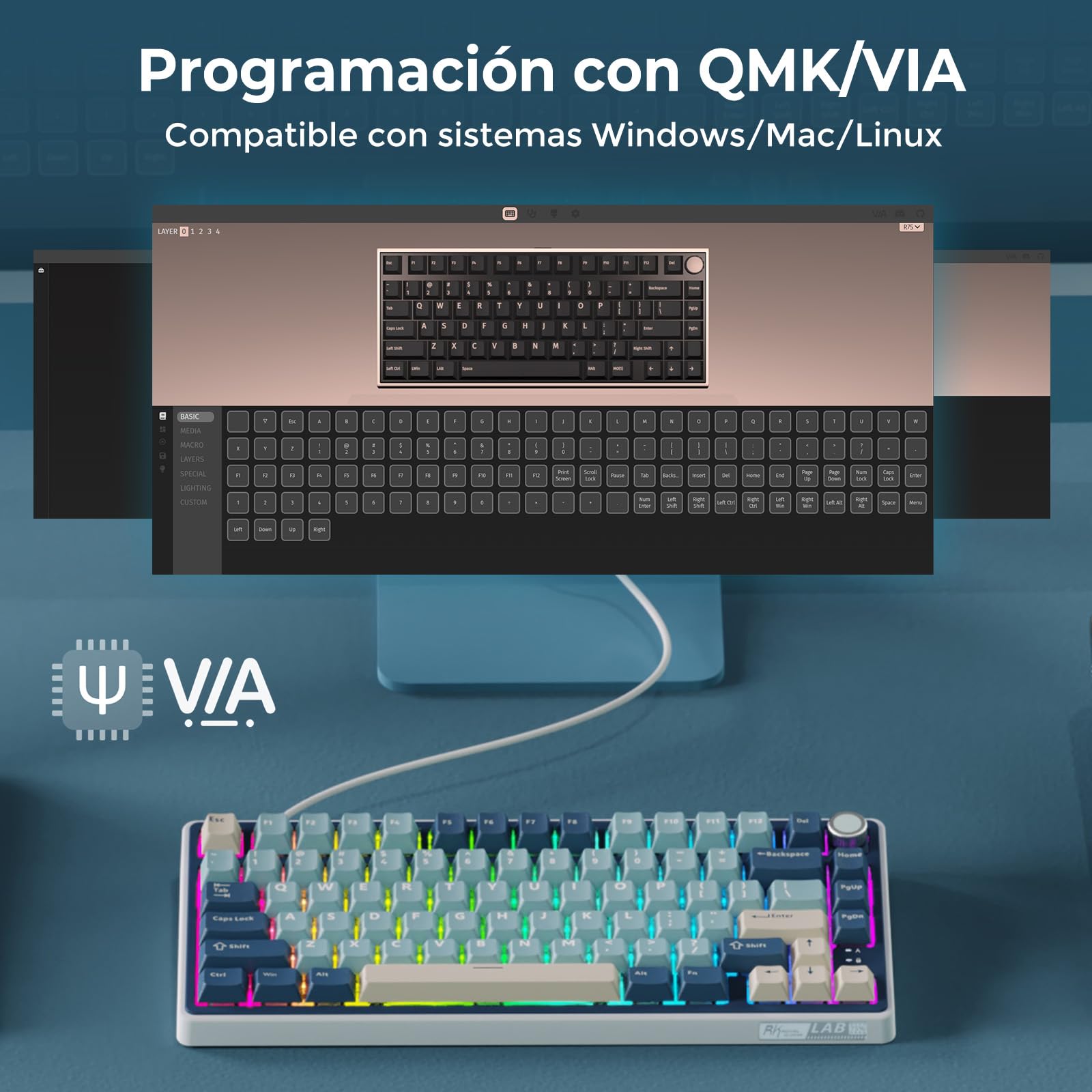 RK ROYAL KLUDGE R75 Teclado Mecánico Inalámbrico, 75% Gasket Bluetooth/2.4G/USB-C, Versión US Teclado Gaming con Teclas PBT, Knob Control, Retroiluminación RGB, Hot-Swap (Interruptor Cremas)