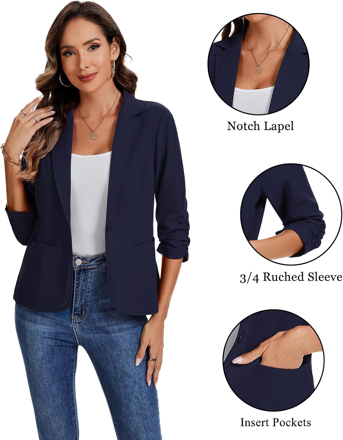 MINTLIMIT Women's Ruched 3/4 Sleeve Blazer Casual Notch Lapel Work Blazers Single Button Jackets Pockets