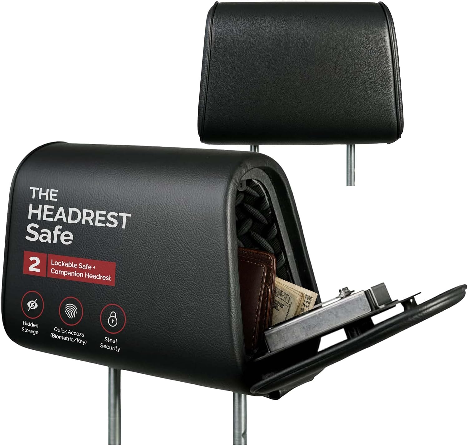 Hidden Car Headrest Safe with Companion Headrest, Biometric Access