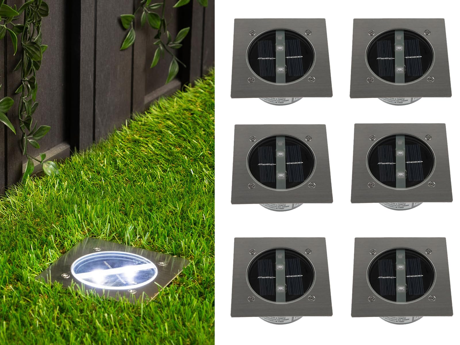 6er SET moderner Solar LED Bodeneinbaustrahler 4-eckig in Edelstahl / Glas für Außen