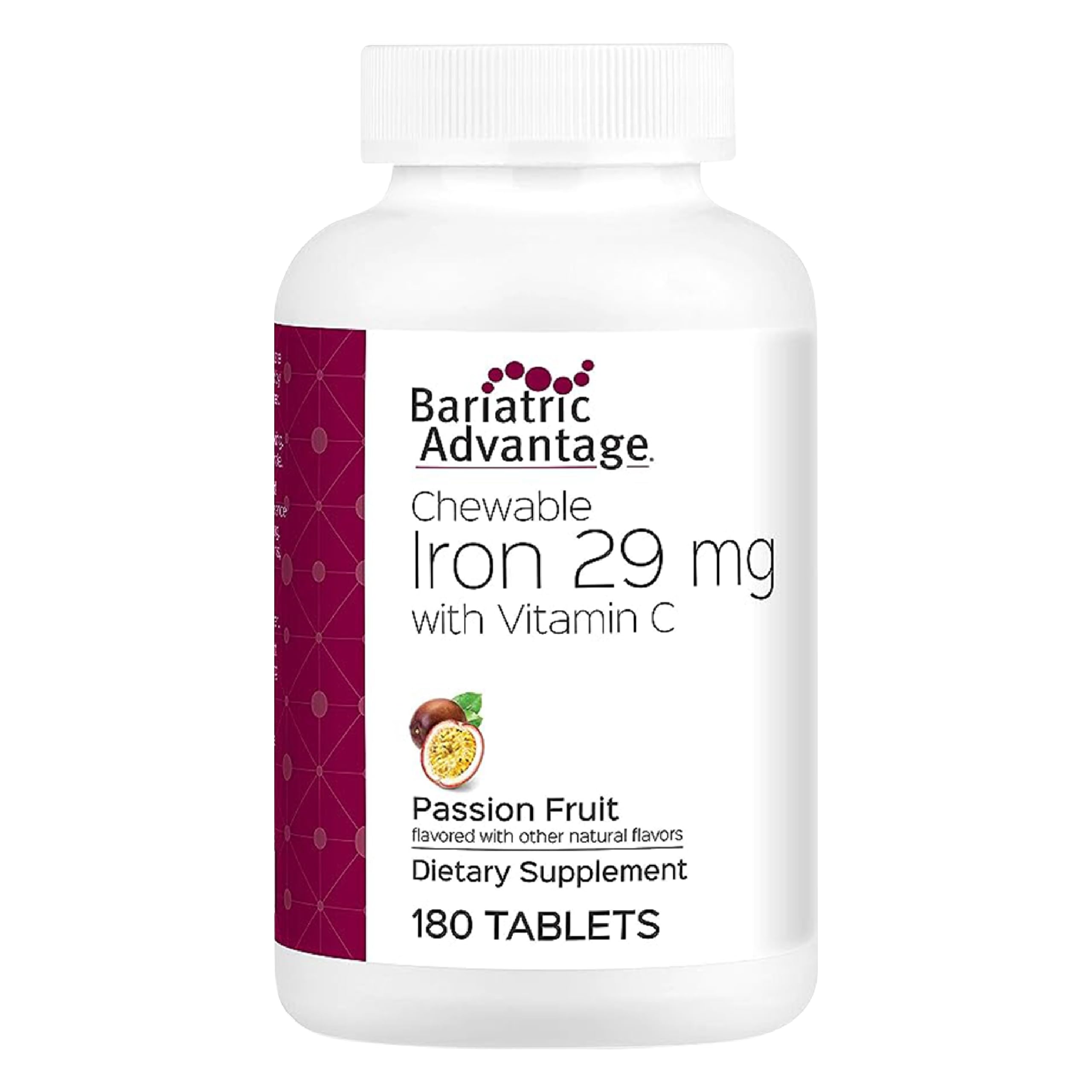 Chewable Iron 29 mg - for Bariatric Surgery Patients - Vitamin C - No Metallic Taste - Ferrous Fumarate & Carbonyl Iron Supplement - Passion Fruit - 180 Count
