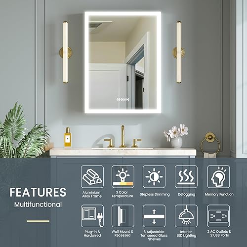Miniatura 8 de Botiquín de 24 x 32 pulgadas con luces, marco de aleación AL, enchufable o cableado, empotrado o montaje en pared, puertas de espejo3