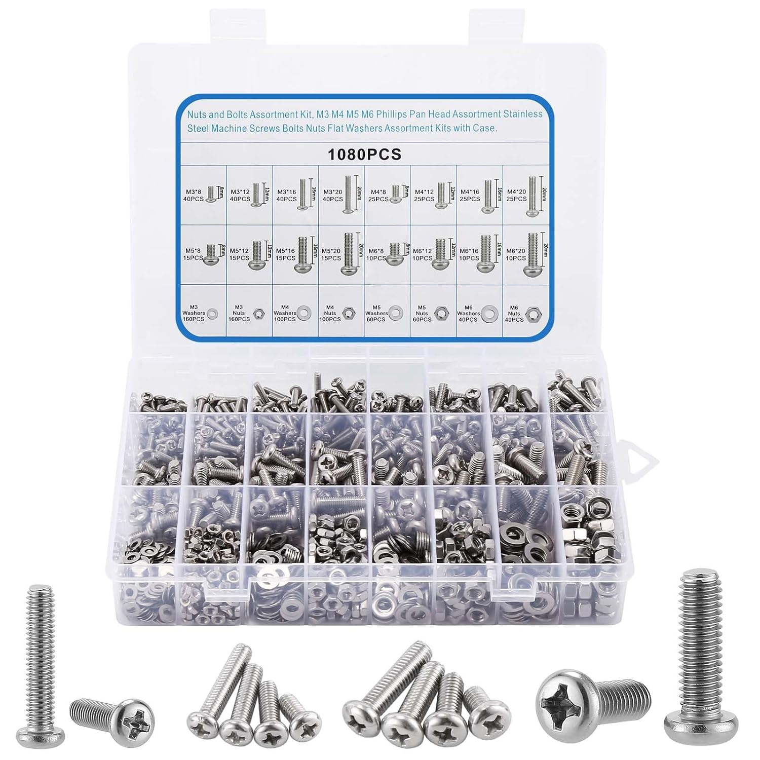 1040Pcs Nuts and Bolts Assortment Kit, M3/M4/M5/M6 304