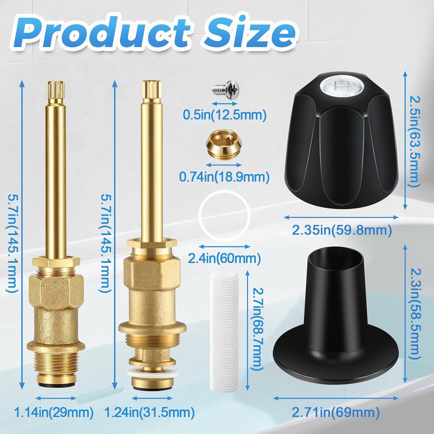 39619 3 Handle Shower Knob Replacement Kit, Compatible with Pfister Verve | Matte Black, 3 Knob Valve Set (12H-2H/2C/18D), Tub & Bathtub Faucet Rebuild Kit with Solid Stems, For 12 Tooth