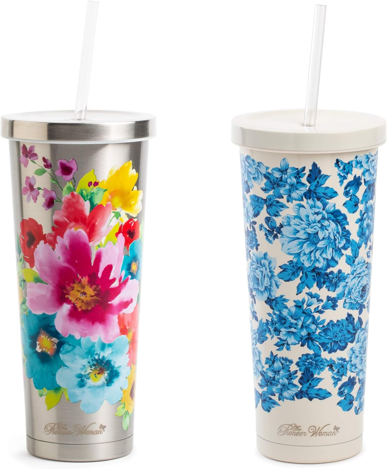 The Pioneer Woman Stainless Steel Tumbler Set in Red and Yellow Floral Design 24 Oz Double Wall Vacuum Insulated