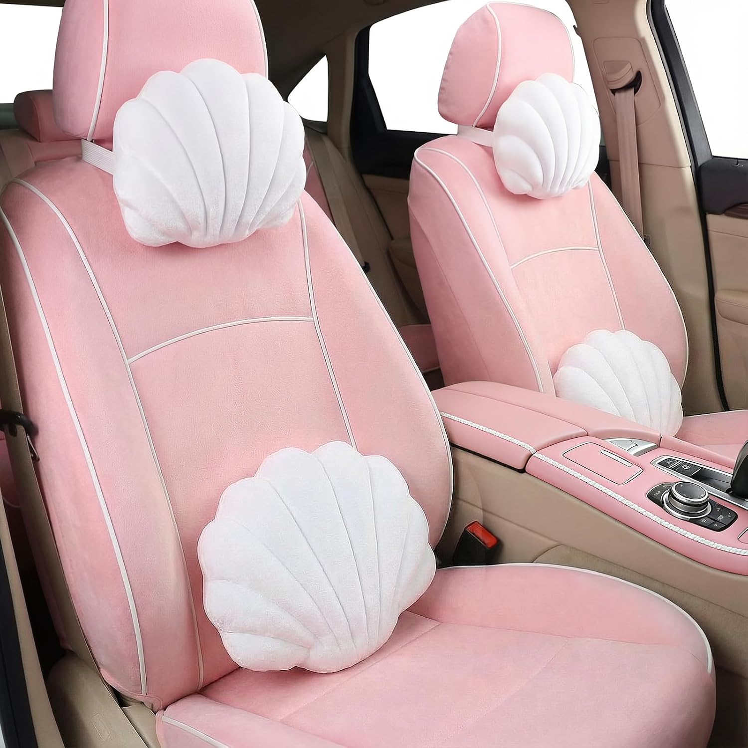 4 Pcs Feeling Cute Plush Seashell Car Headrest Pillow Kawaii Lumbar Support Pillow Soft Sea Shell Car Seat Support Cushion for Drive Travel Pain Relief Home Office Accessories Summer Decor (White)