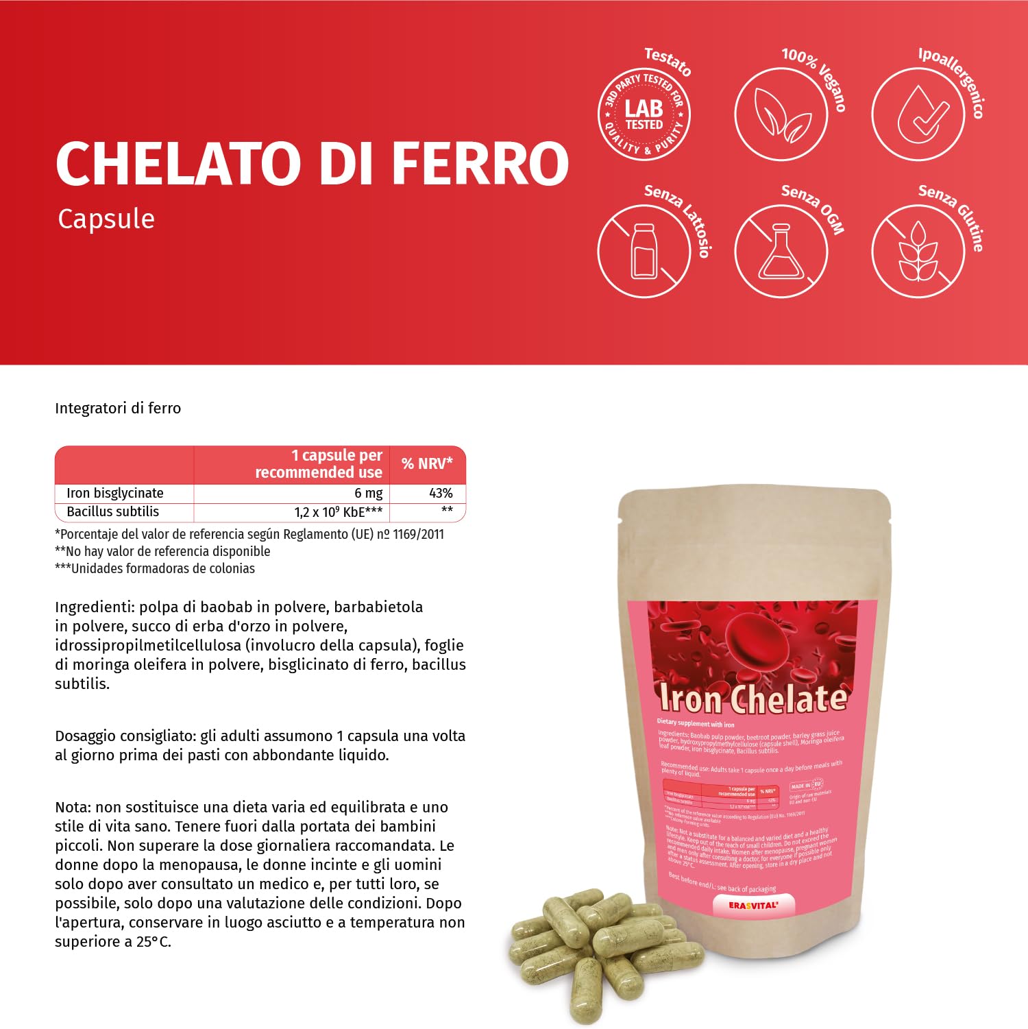 Eisen-Bisglycinat (Eisen-Chelat) 270 Kapseln Vegan hohe Bioverfügbarkeit mit weiteren natürlichen "Helfern", wie Baobab, Gerstengrassaft, Moringa und Rote Beete. (270 stück (1er Pack))