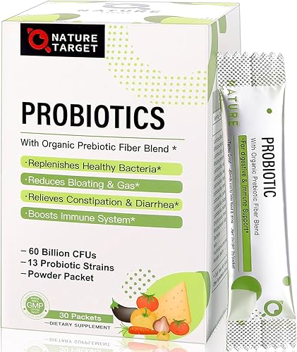 NATURE TARGET Probióticos para mujeres, hombres y niños, probióticos en polvo, 60 mil millones de UFC, 13 cepas, prebióticos y probióticos para la