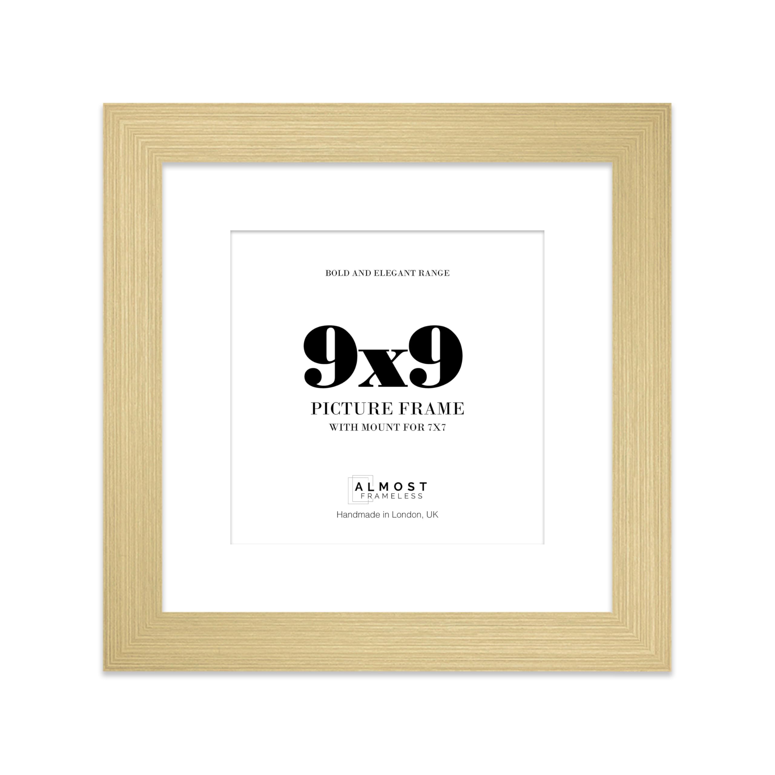 9x9" Gold Square Frame With Mount for 7x7" Pictures 28mm Edge Frame Display with Wall Hooks and Kickstand, 1 Pack