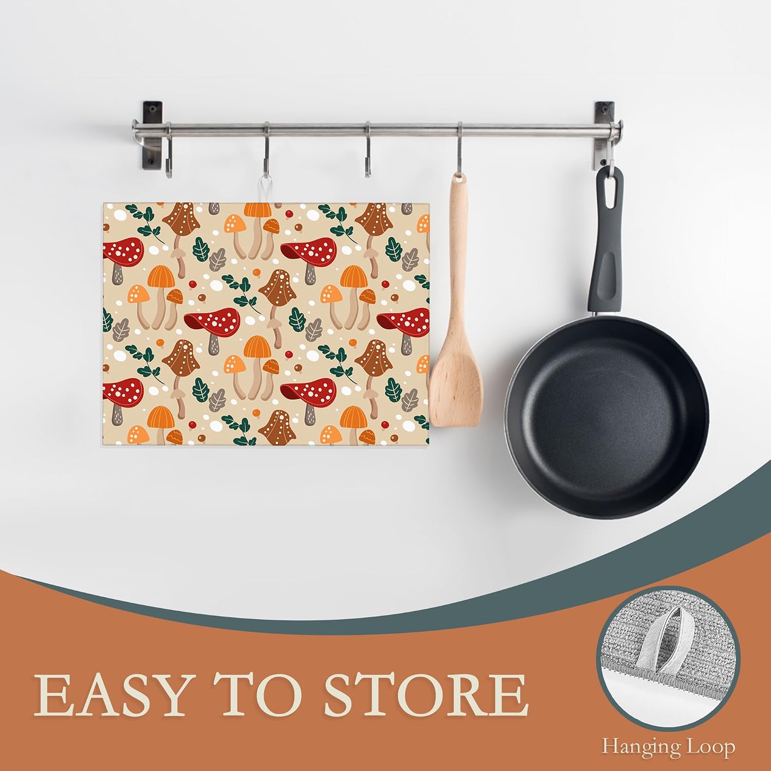 Funny Mushrooms Dish Drying Rack Mats Decor,Green Leaves Dish Pad Drying Mat Kitchen Counter 18x24 Inch Absorbent Reversible Microfiber for Coffee Bar Sink Countertop image 3