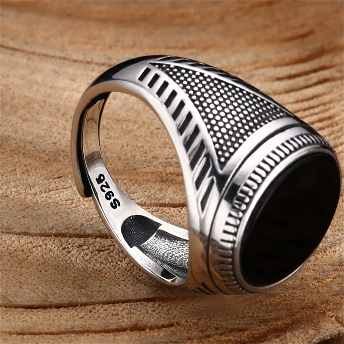 S925 Plata De Ley Circonita Negra Anillo Personalizado, Hip Hop Hombres Abierto Ajustable Simple Anillo,Plata,9