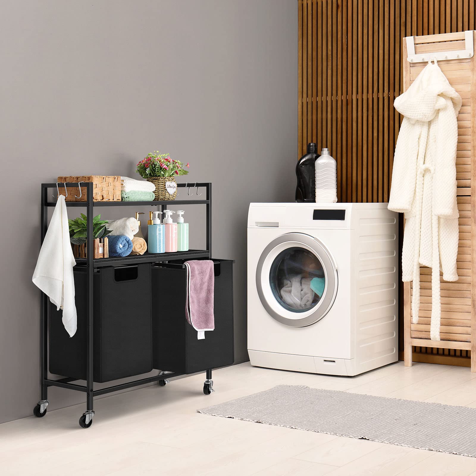 &More 二個セット ランドリーバスケット モダン 収縮 Amazon｜棚付きランドリーバスケット ダブルランドリーバスケット 2