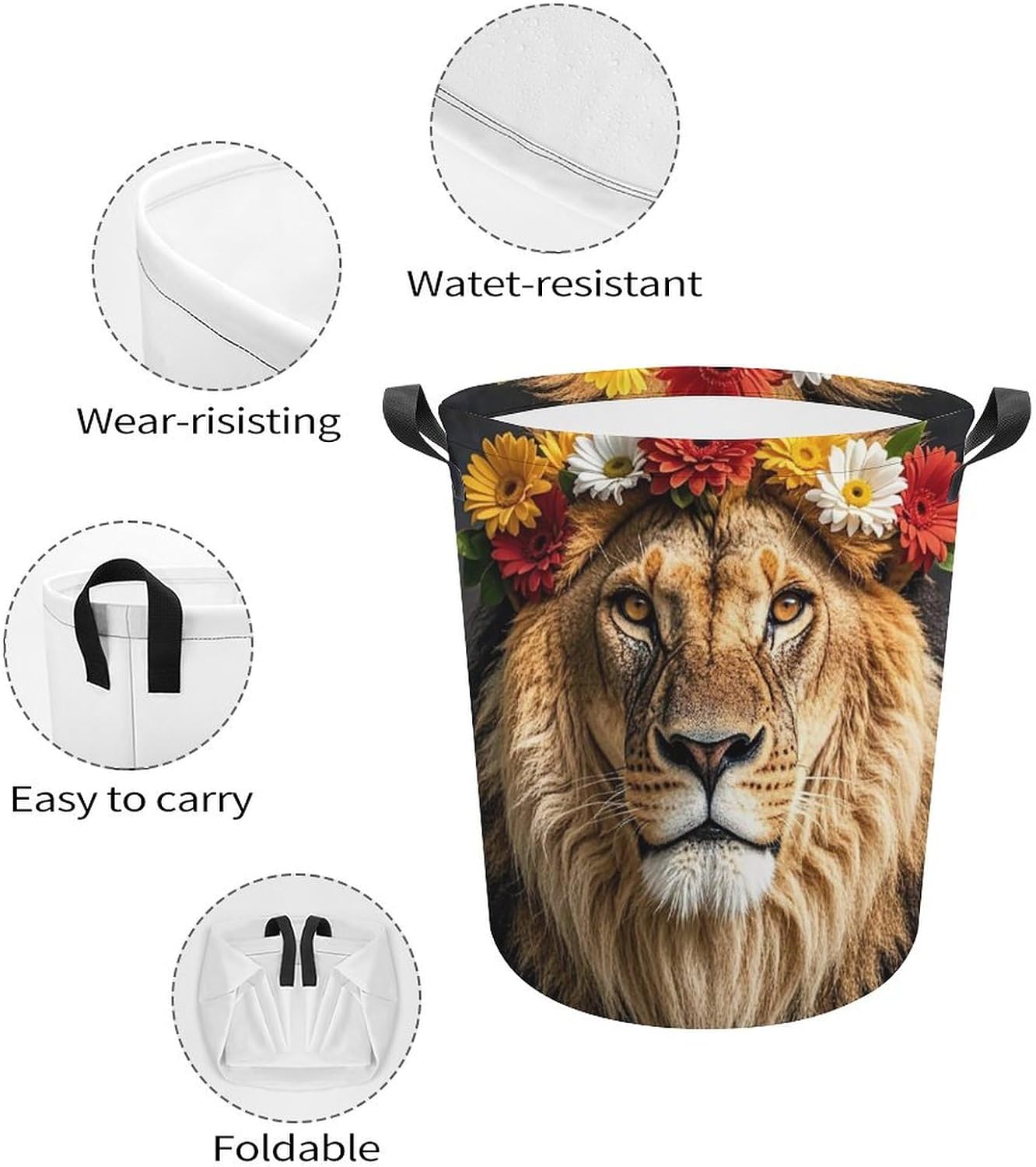Laundry Hamper with Handle African Lion Wearing A Flower on Its Head Laundry Basket Waterproof Dirty Clothes Hamper Circular Organizer Basket Portable Storage Bin Decorative Basket for Living Room Kit image 4