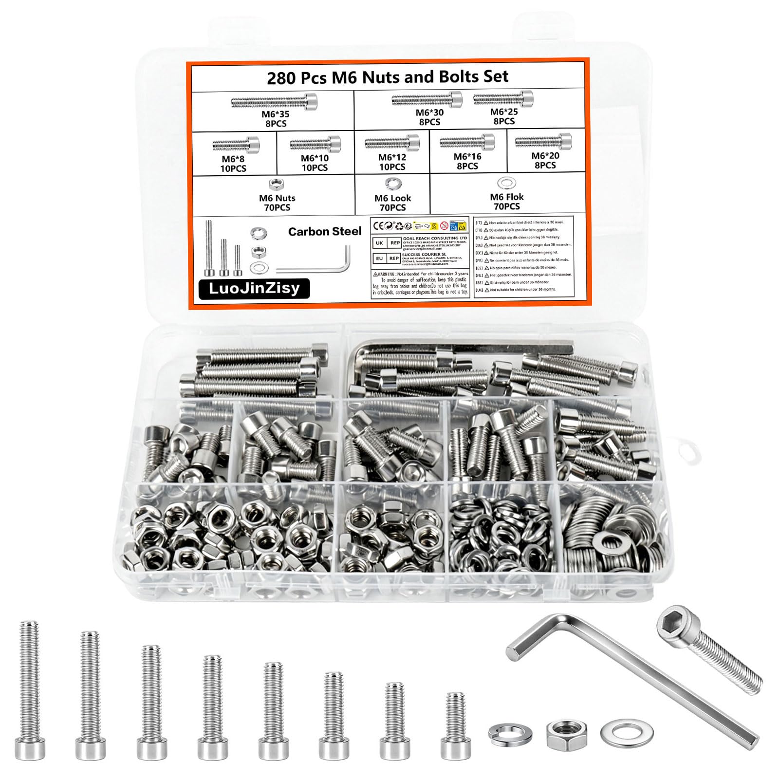 280 PzViti M6, Viti a Testa Cilindrica con Esagono Incassato, Set di Bulloni e Dadi, Viti a Testa Esagonale in Acciaio Inox con Rondelle, Assortimento di Bulloni a Cilindri per Macchine