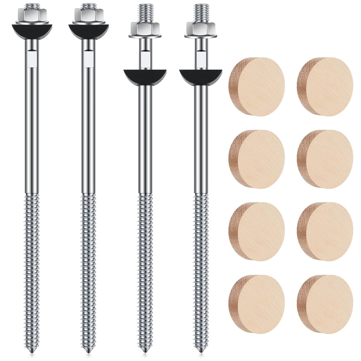 4 Sets Wood Newel Post Mounting Kit with Square Bolts, Curved Washers, Nuts, Red Oak and White Oak Plugs for Stair Railing Handrail Installation, Residential and Commercial