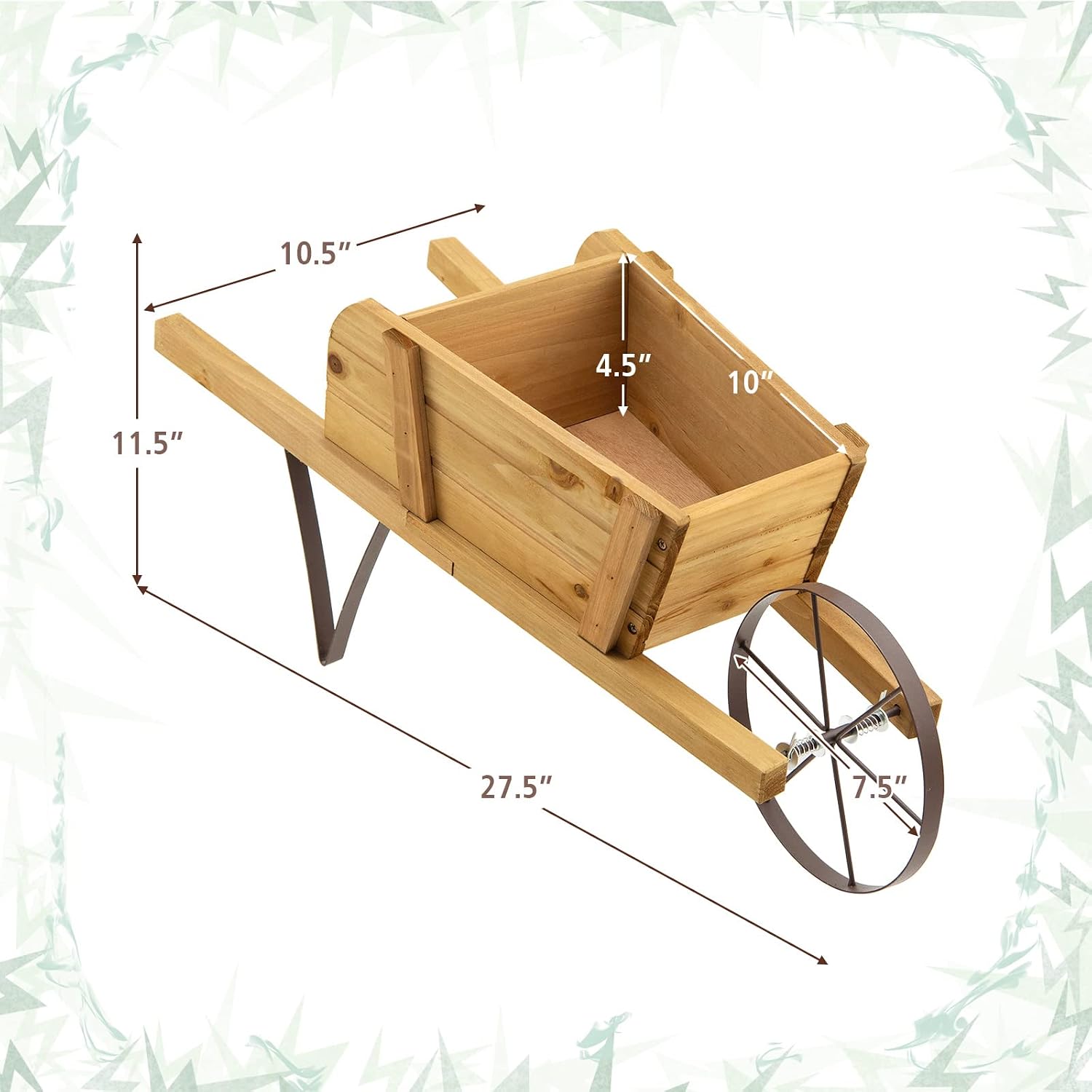 Wooden Wagon Planter, 27.5"x10.5"x11.5" Wheelbarrow Cart Plant Pot with Halloween Decoration & Mental Supports, Single Wheel Movable Garden Flower Cart Planter for Yard, Backyard (Walnut)