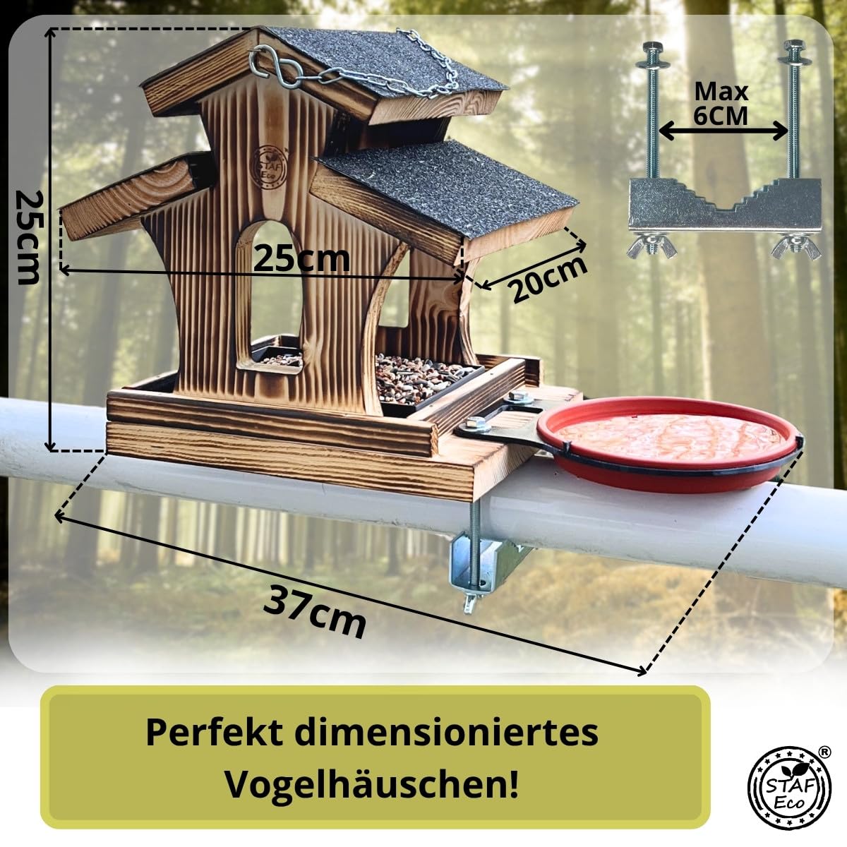 Vogelhaus Balkon Vogelfutterhaus mit 2 x Balkonhalterung und wetterfestem Holz, Vogelhäuschen, Vogelfutterspender Deck Vogelfutter Spender für draußen, Vogeltränke (Vogelhaus2)