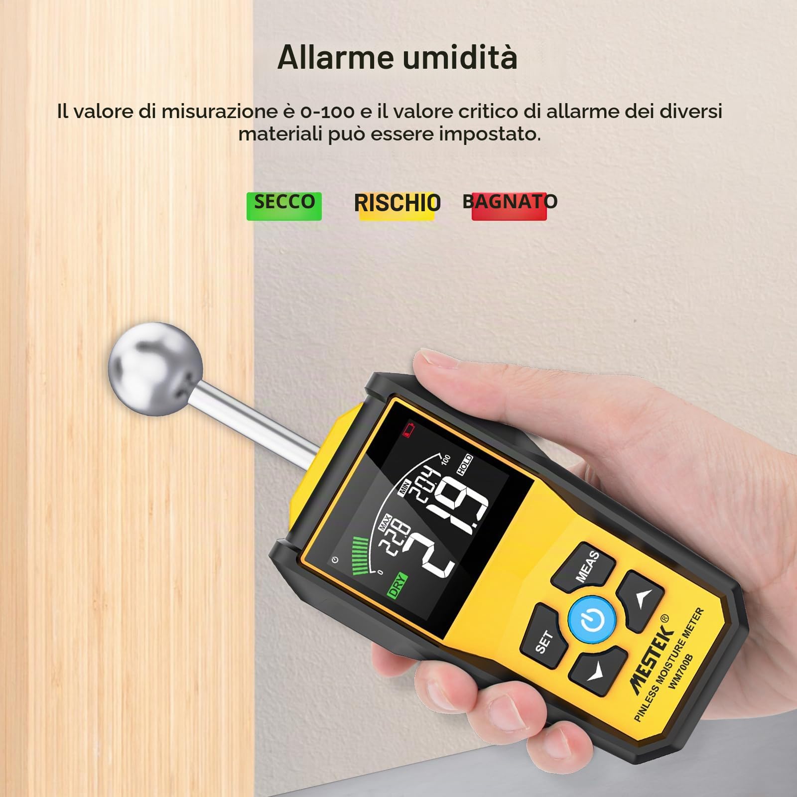 Misuratore di Umidità MESTEK Indicatore di Umidità 20-40mm Rivelatore di Umidità Igrometro Senza Ago Digitale LCD Display Allarme per Legni, Parete, Pavimenti, Legno, Gesso, con Batteria, Giallo