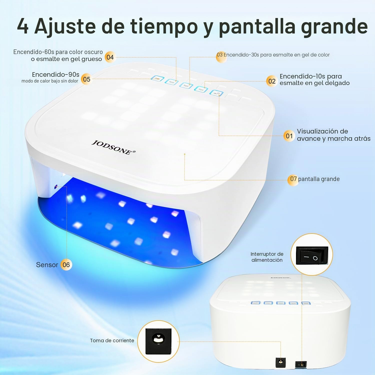 JODSONE Lámpara Uñas Semipermanentes UV con 4 Temporizadores - Pantalla Digital Reversible LCD Grande Recargable para Salón y Hogar