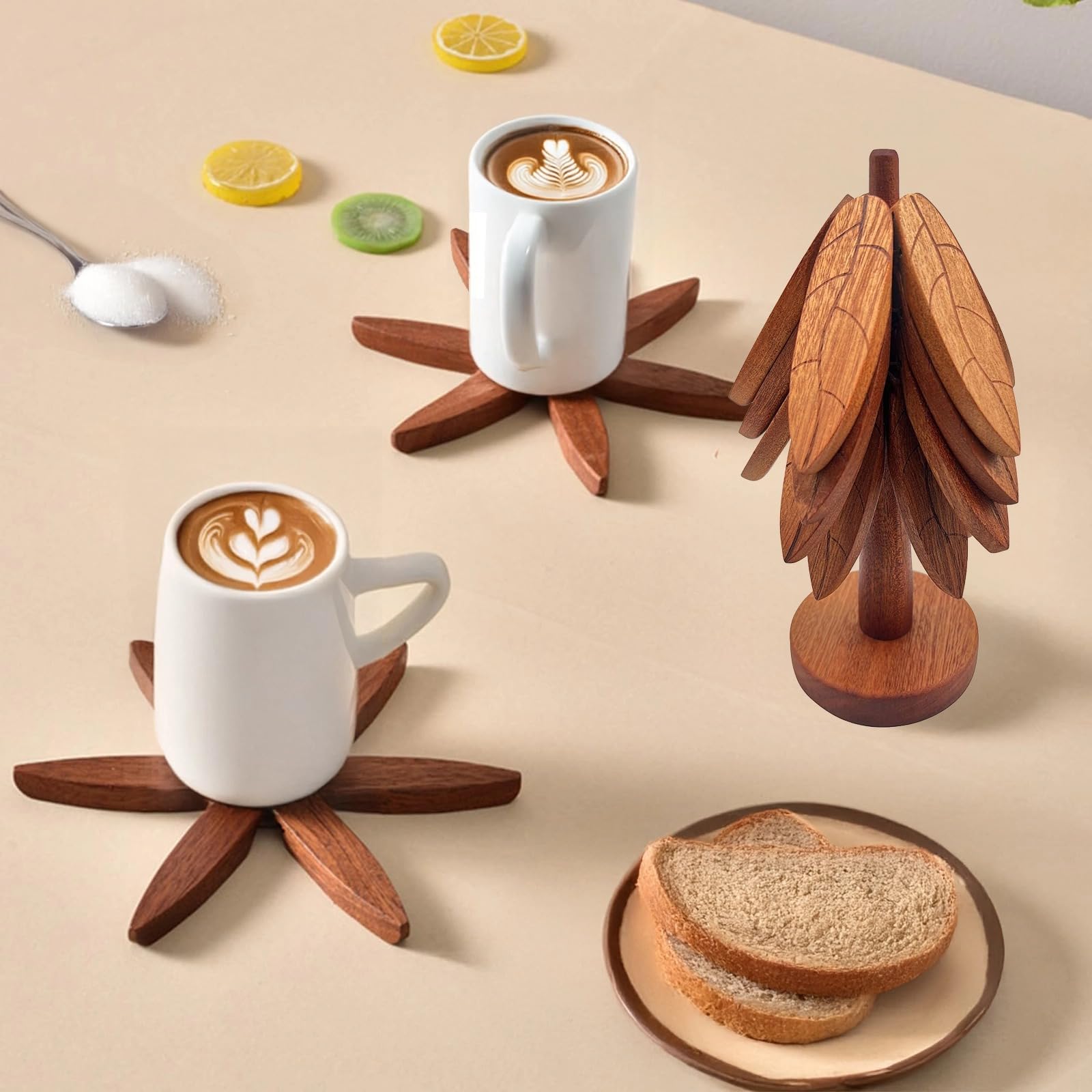 Lot de 4 Dessous de Plat en Bois, modèle Arbre Pliable pour Plats Chauds, Bols, poêles et théières, Dessous de Verre en Forme d'arbre, Peu encombrants pour Cuisine, Salle à Manger et déco