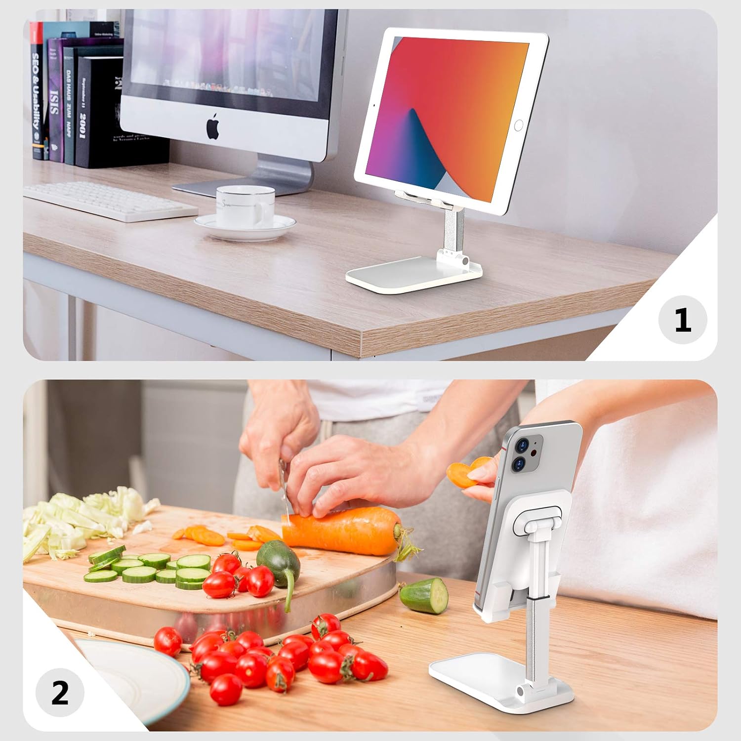 SHANSHUI Phone Stand, Foldable Adjustable Angle Height Cell Phone Stand for Desk Table and Non Slip Tablet Stand Phone Holder Compatible for iPhone and All Mobile Phones (White)