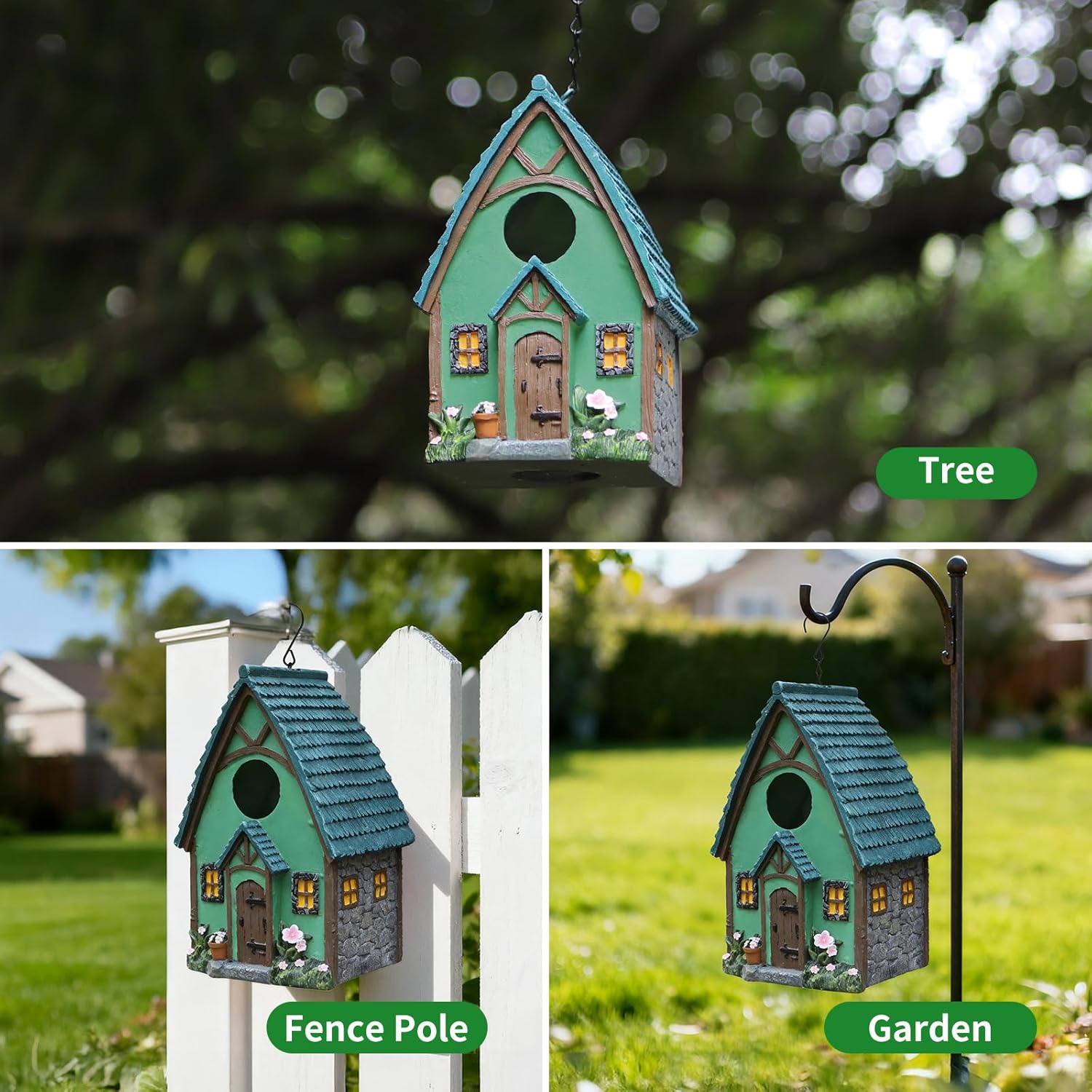 Bird Houses for Outside Green Cottage Resin Birdhouse, Garden Outdoor Decor Bird House with Flower and Stone Details, Birdhouses for Outdoors for Bluebird Finches Cardinals