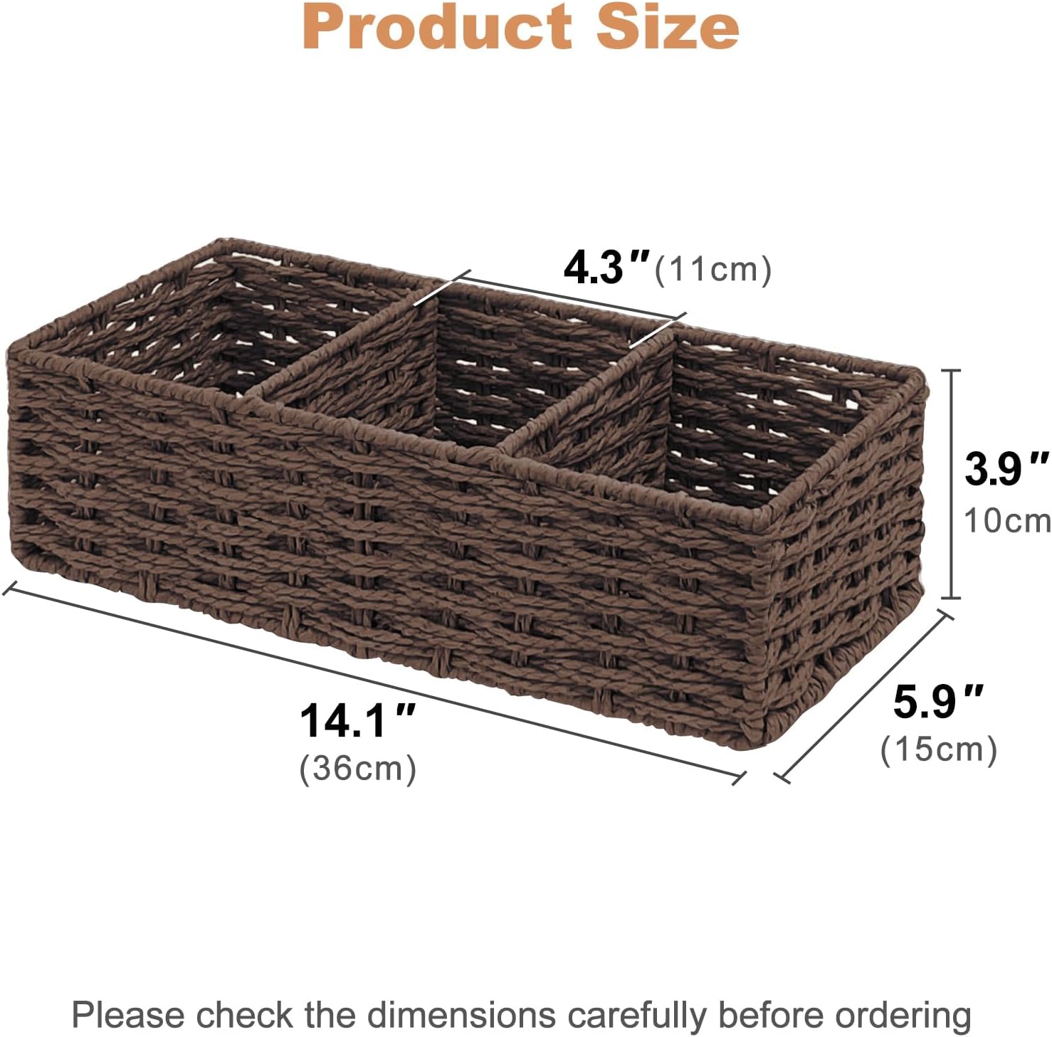 Seagrass Wicker Basket for Toilet Tank Top, 3-Compartment Handwoven Bathroom Organizer for Toilet Paper, Pads, and Accessories (2, Walnut)