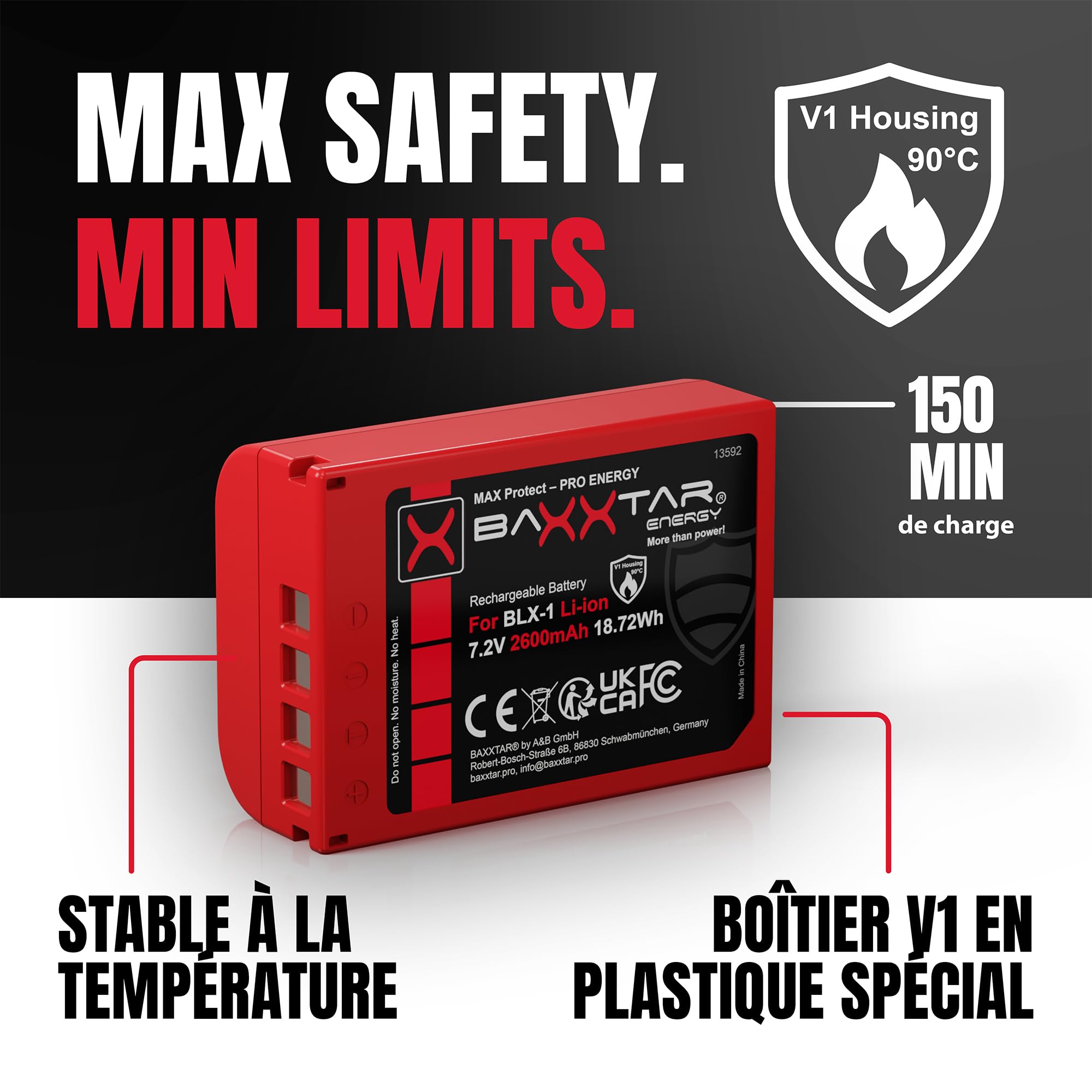 Baxxtar MaxProtect Batterie pour Olympus BLX-1 BLX1 OM1 OM3, 2600mAh 7.2V