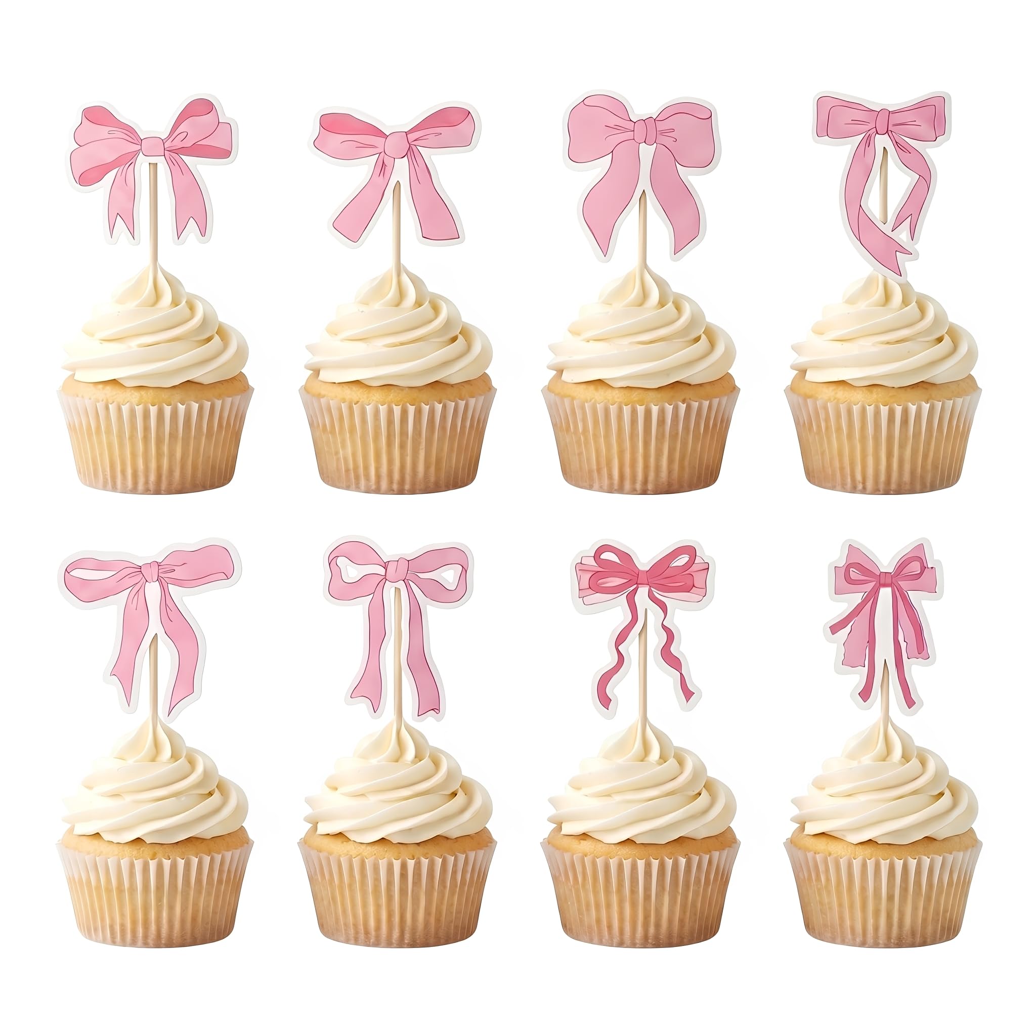 Arthsdite 24Pcs Pink Bow Cupcake Toppers, Coquette Ribbon Picks for Baby Shower, Bridal Shower, Girls Birthday, Wedding Dessert Decorations — image 1
