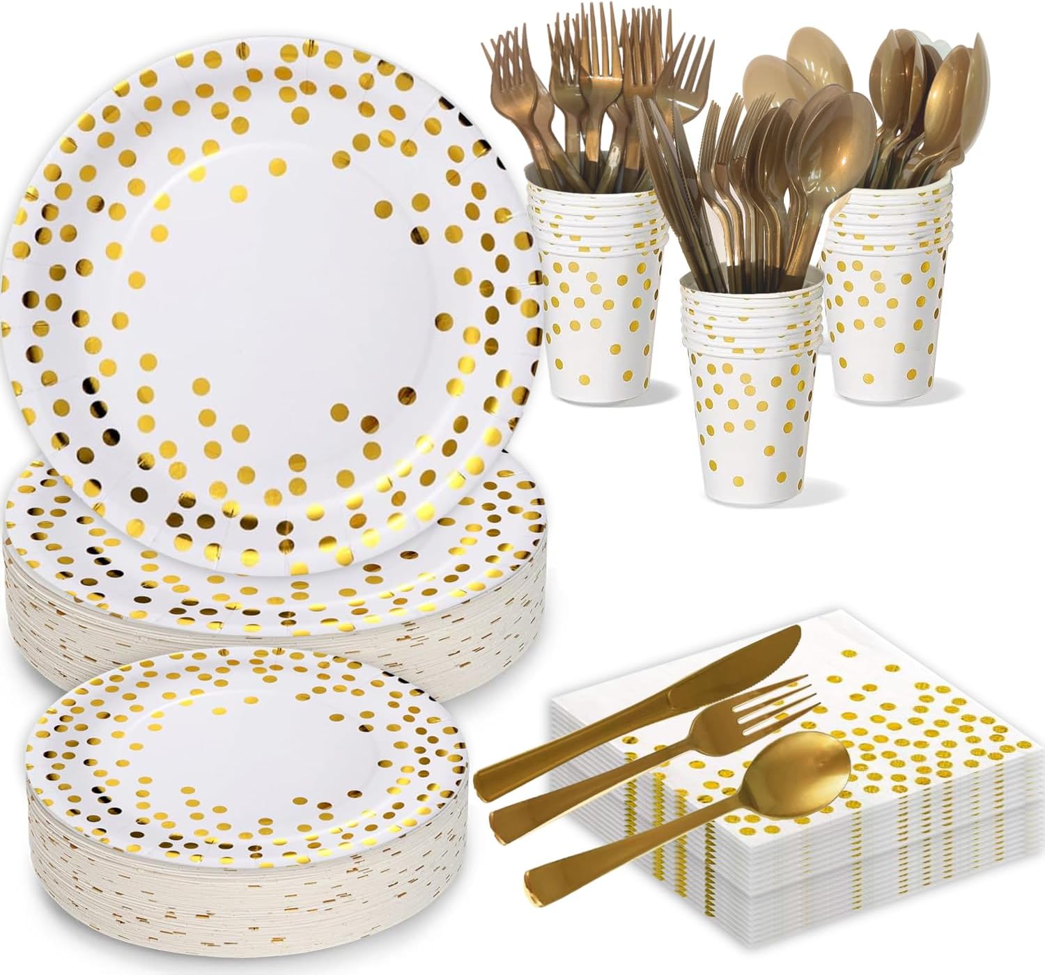 Paper Plates and Napkins Party Supplies - 175pcs White and Gold Polka Dots Disposable Party Plates and Cups and Napkins Sets for Birthday, Wedding, Showers, Graduation Decorations (Serve 25 Guests)