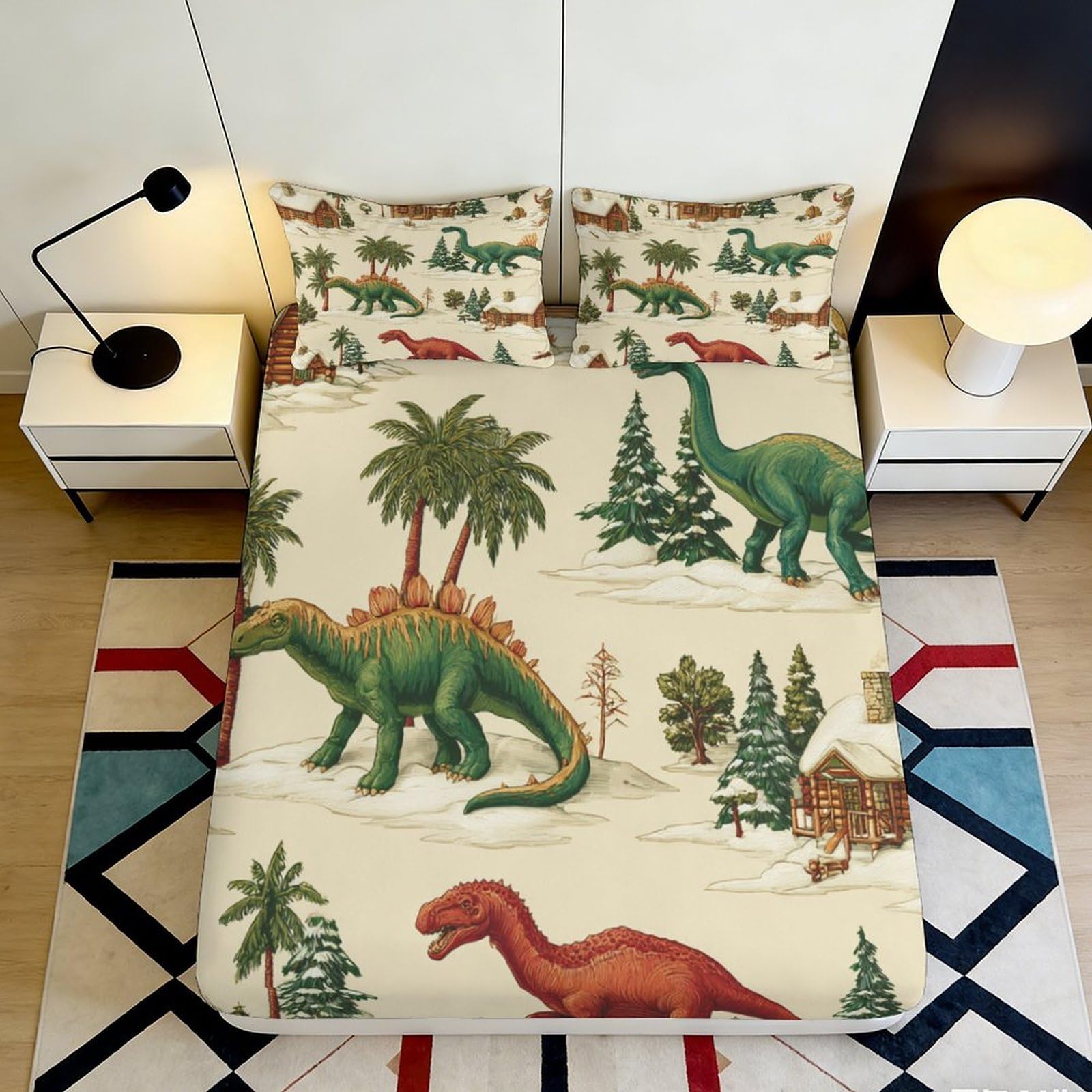 3D Printed Dinosaur Fitted Sheet Microfiber Deep Pocket Bedroom Bedding Dinosaur Mattress Fitted Cover Non-Slip Elastic Hem for Adults Teens 120x200x25cm