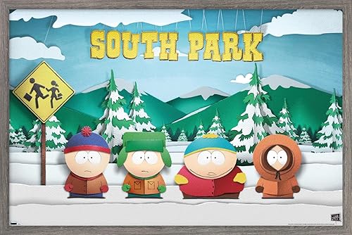 Trends International South Park - Bus Stop Wall Poster, 14.72" x 22.37", Barnwood Framed Version