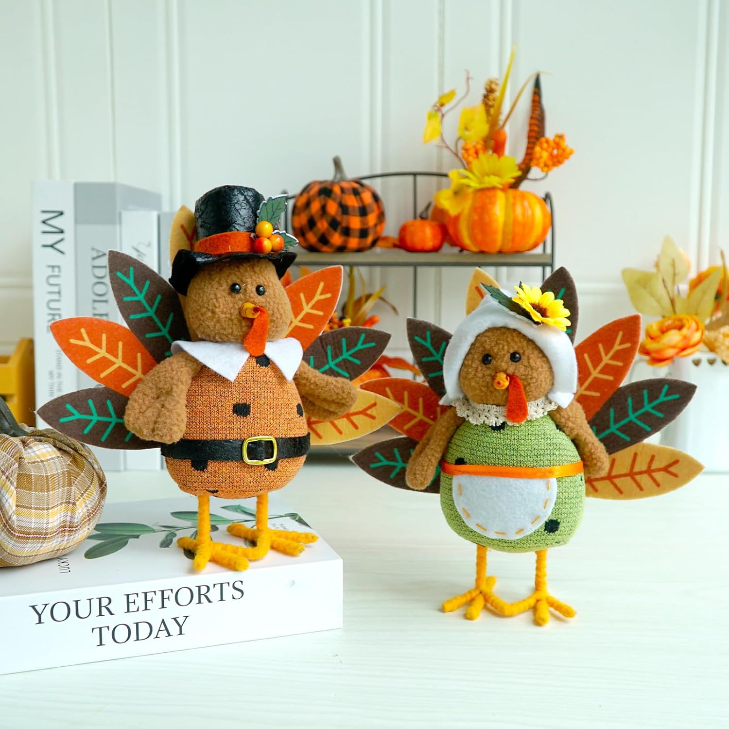 CRCZK Thanksgiving Turkey Decorations for Home Thanksgiving Gnome Plush Tabletop Decor Standing Turkey Decor with Dangling Legs, 2 Pack Plush Stuffed Turkeys Shelf Figurine Gifts