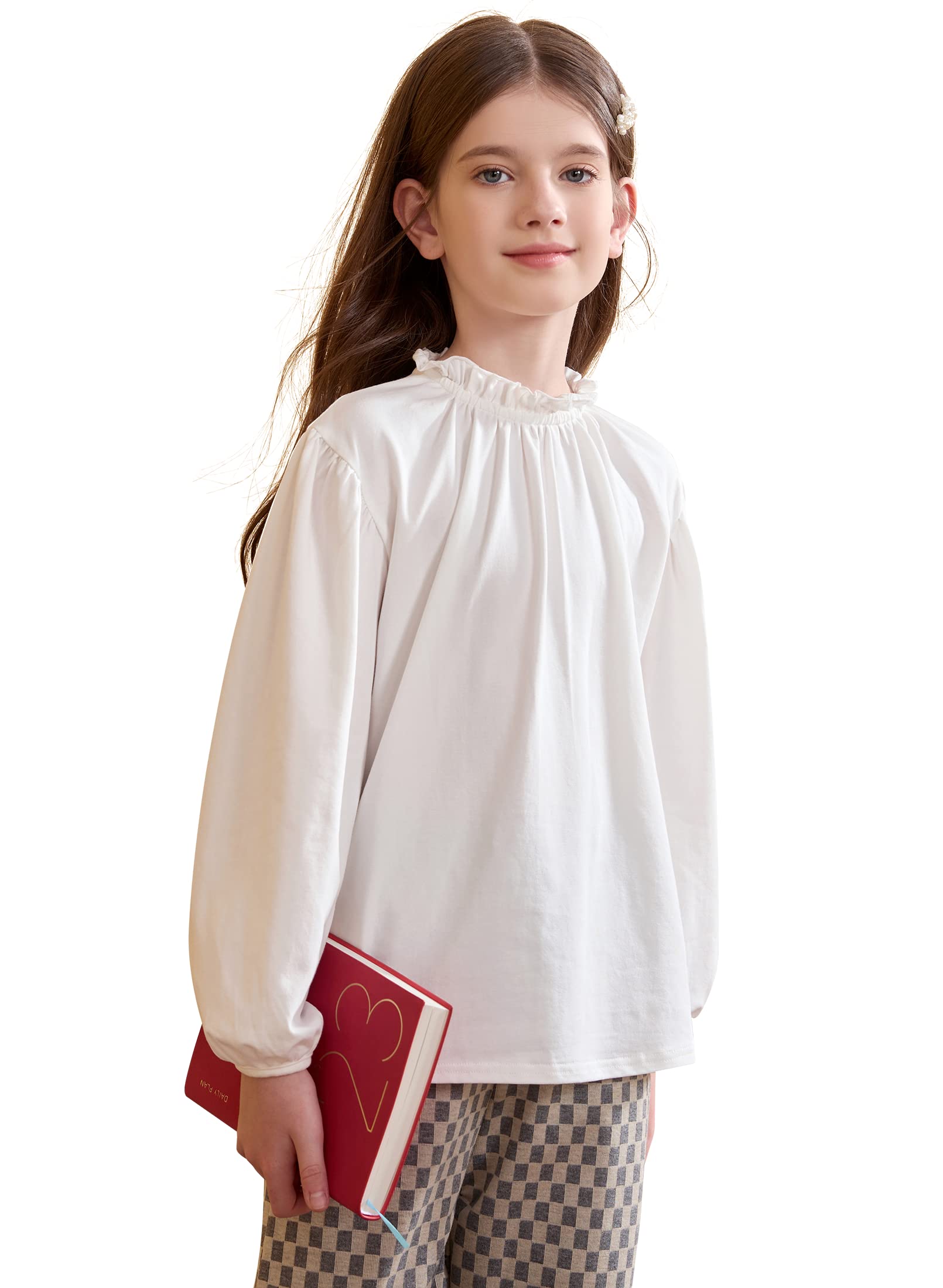 maoo garden Blusa de Manga Larga para Niñas Camisas de Vestir Uniformes con Botones de Algodón con Volantes
