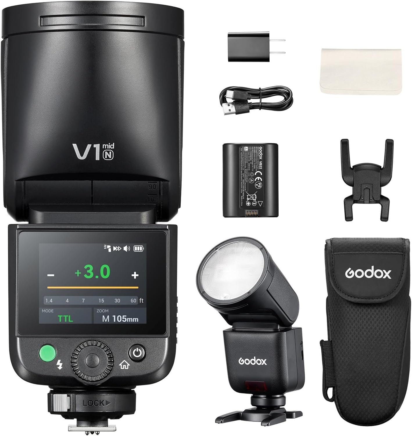 Godox V1 Mid N Flash for Nikon, Touchscreen Speedlite, 55Ws High Output, USB-C Charging, 650 Full-Power Flashes, 1.7s Fast Recycle, 2.4G Wireless 1/8000s HSS, GODOX V1 Mid V1mid N TTL Flash Speedlight
