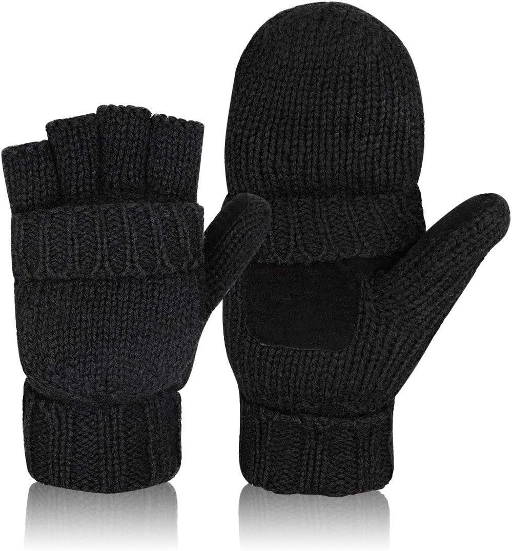 MAYLISACC Mens Wool Knit Fingerless Gloves with Mitten Cover, Convertible Mittens with Fleece Lining for Cold Weather Black