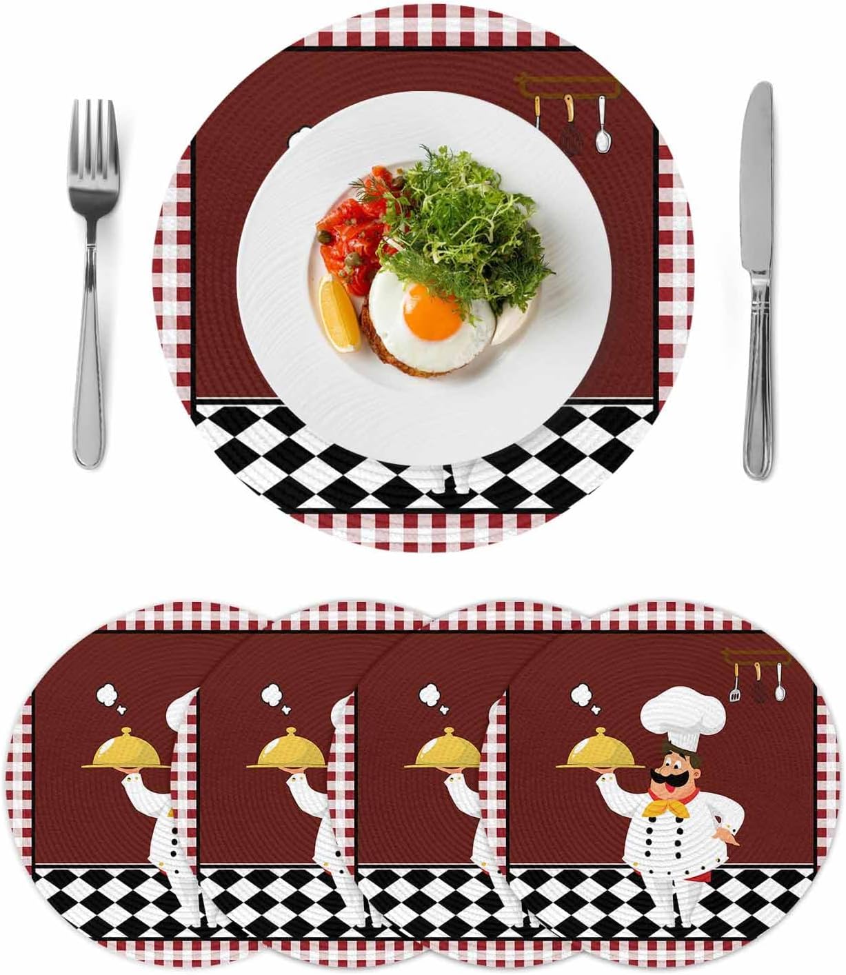 Round Placemats Set of 4 Cartoon Chef Place Mats Washable Woven Placemat Kitchen Gourmet Red Plaid Circle Braided Table Mat for Kitchen Dining Table Party Home Decor 15 Inch