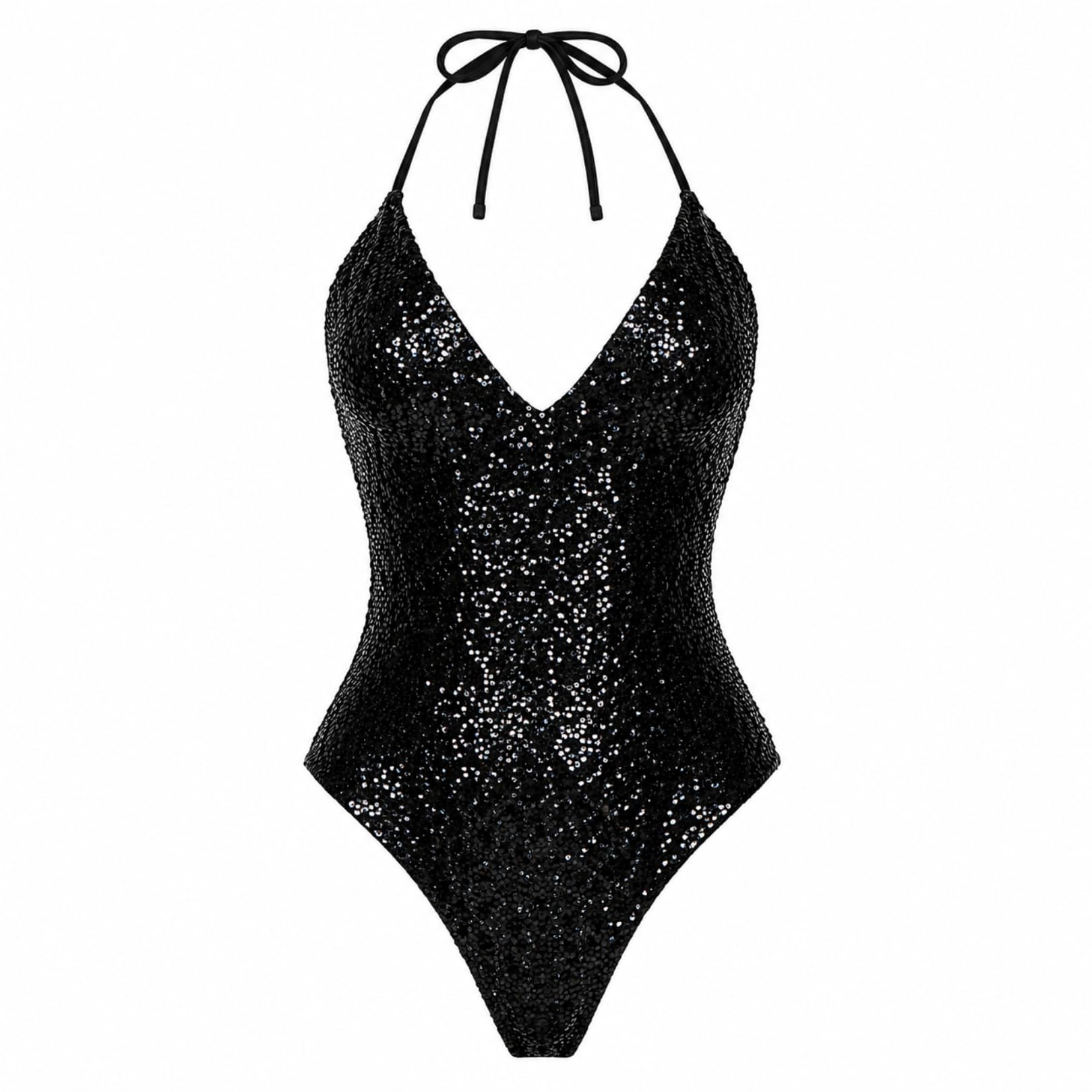 feeluni Women's Black Sequin One-Piece Swimsuit, Deep V Halter Neck, Flattering Silhouette, for Beach, Pool Party & Cruise-picture-41