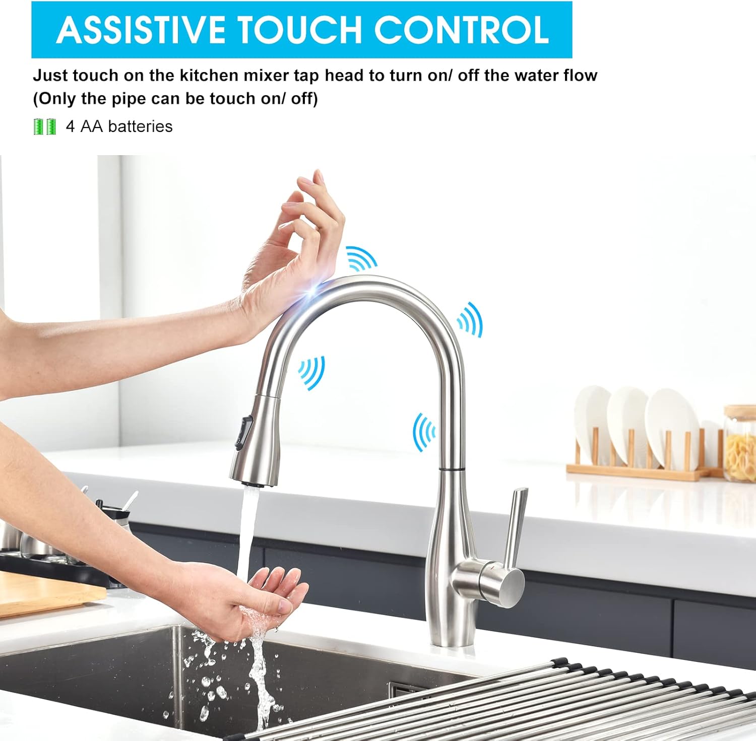 CREA Touch Kitchen Faucet with Pull Out Sprayer, Touch-on Activated Kitchen Sink Faucet Single Handle RV Uitility Laundry Outdoor Faucet with Deck Plate - 