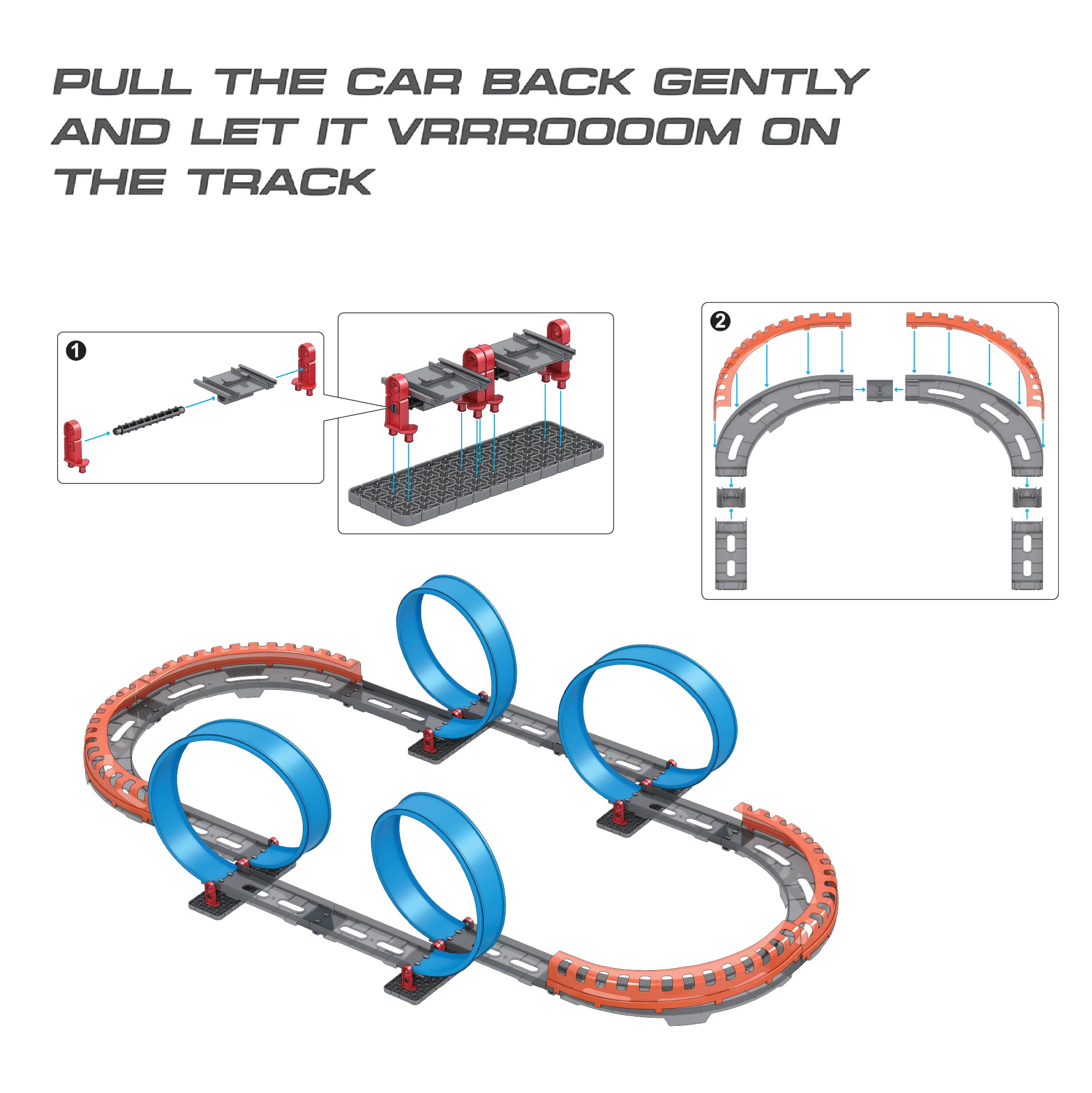 Playzu 679113B - 66 pcs Four 360 Degree Loops Racing Track Game with Building Block Sets and Two Strong 1:64 Scaled Pull Back Cars and Track Easy to Assemble for 6+ Years - Image 2 thumbnail