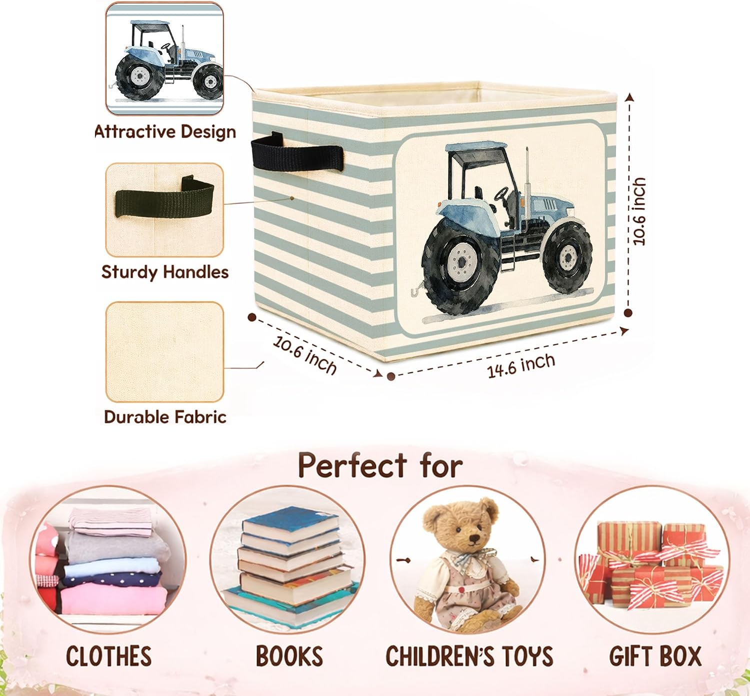 Tractor Storage Bin, Blue Stripe Foldable Fabric Basket image 4