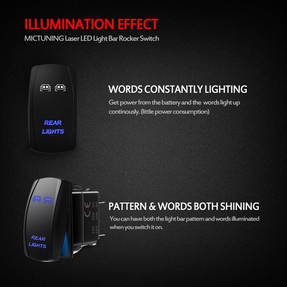 MICTUNING MIC-LSR12 5Pin Rear Lights Rocker Switch On-Off LED Light 20A 12V, Blue