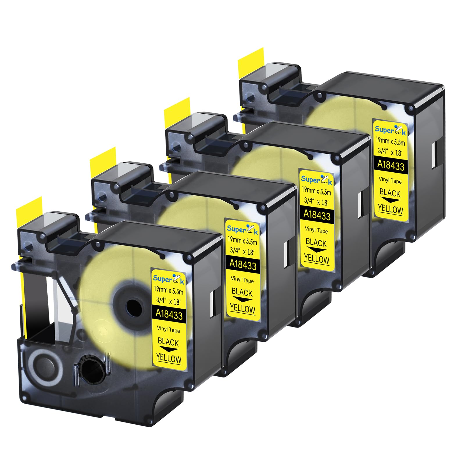 USUPERINK 4 Pack Compatible for Dymo 18433 Black on Yellow 19mm 3/4'' x 5.5m 18' Permanent Vinyl Label Tape Work with Rhino Pro 4200 5000 5200 6000 3M