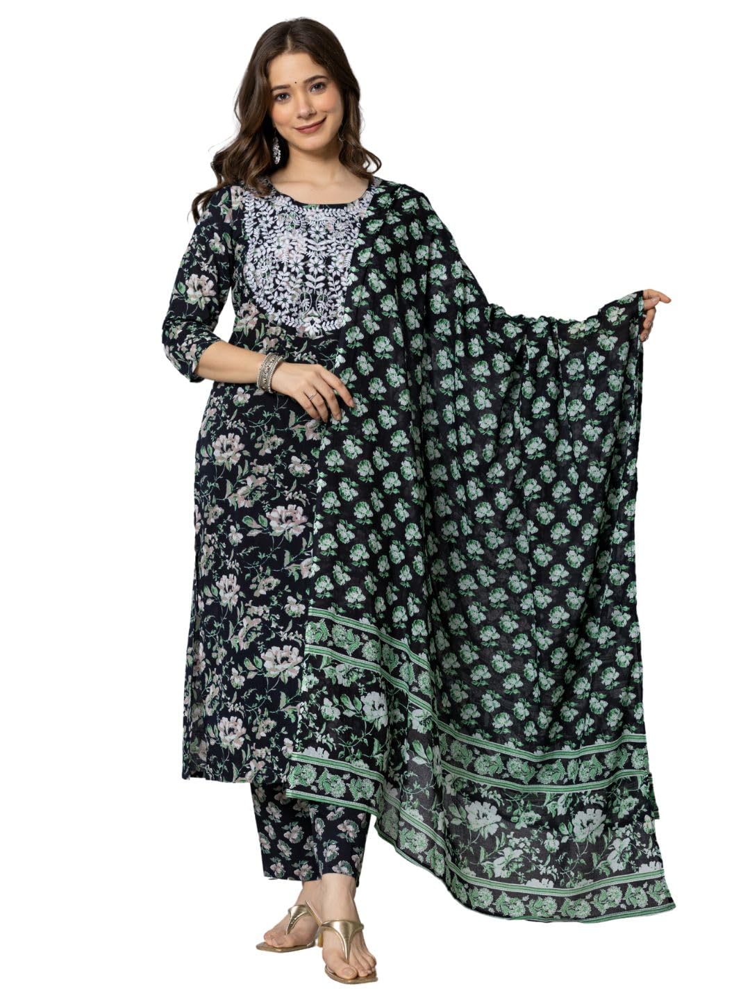 Rytras Women's Cotton Embroidered Straight Kurta With Pant And Dupatta(Ryt565,Black,L)